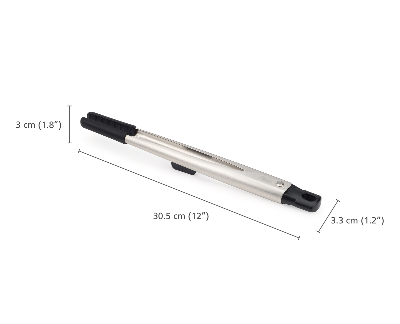 Pinza de cocina metálica y negra. Dimensiones: 30,5 cm de largo, 3 cm de ancho arriba y 3,3 cm de ancho abajo.