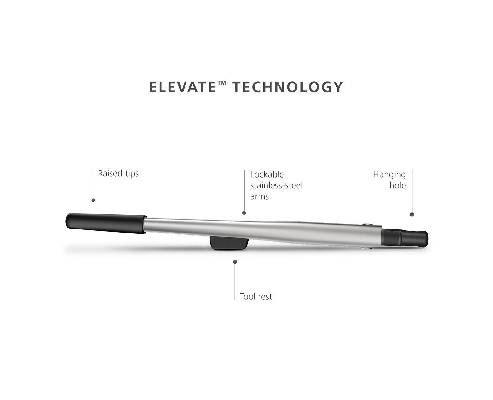 Una herramienta de cocina plateada. Tiene puntas negras elevadas, brazos de acero inoxidable bloqueables, un reposaherramientas y un orificio para colgar. El texto 'ELEVATE TECHNOLOGY' está arriba.