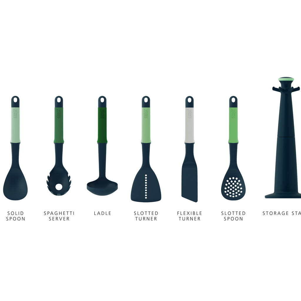Utensilios de cocina: cuchara sólida, servidor de espaguetis, cucharón, volteador ranurado, volteador flexible, cuchara ranurada y soporte.