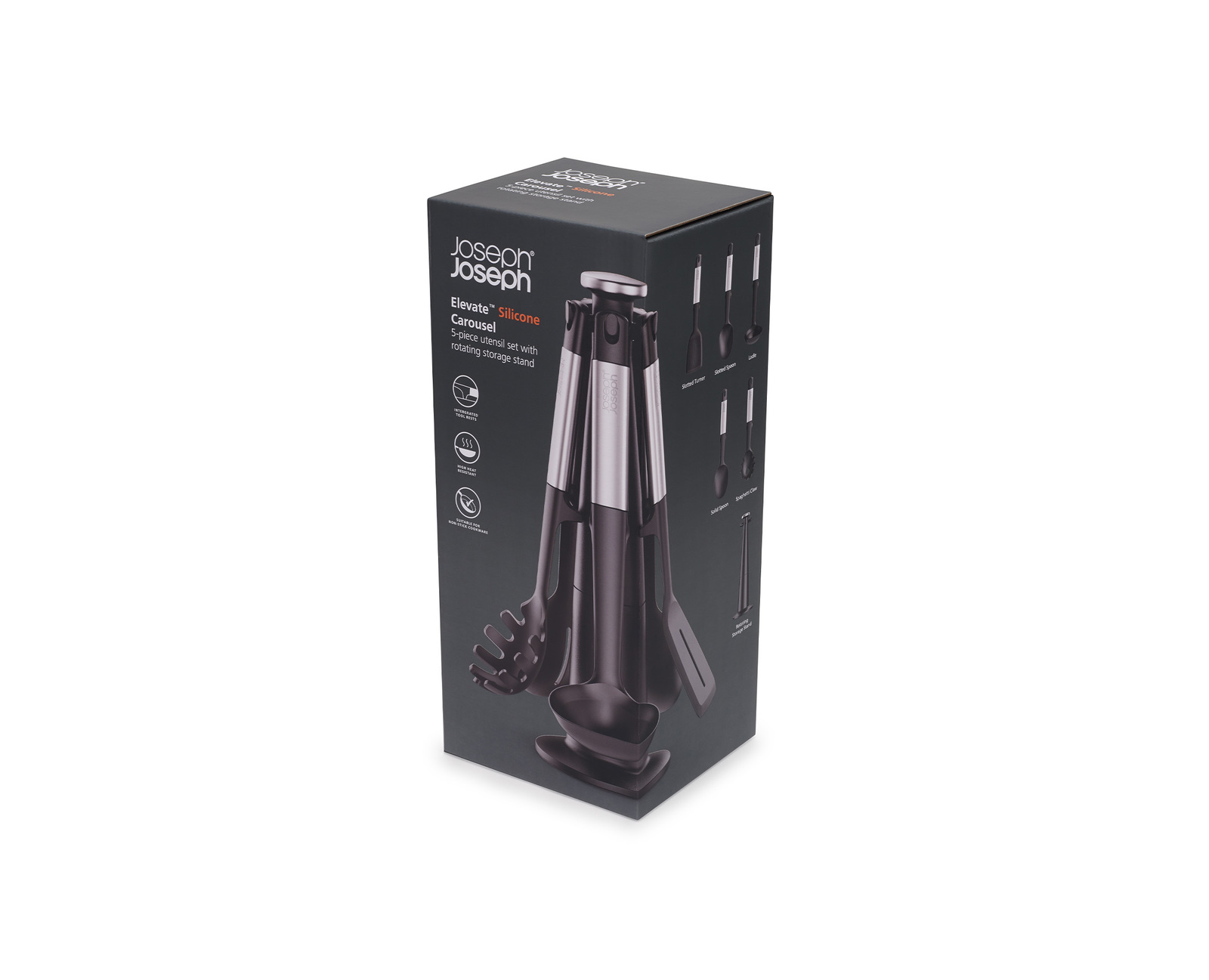 Una caja de utensilios de cocina Joseph Joseph Elevate Silicone Carousel. La caja muestra utensilios y un soporte giratorio.