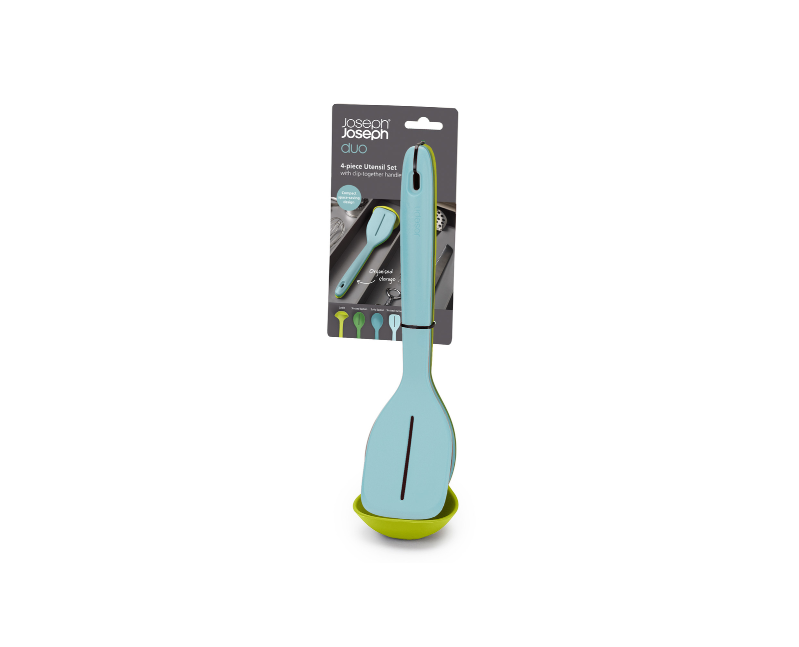 Un juego de utensilios Joseph Joseph Duo de 4 piezas con mango con clip. El juego es azul claro y verde, con una cuchara ranurada y soporte.