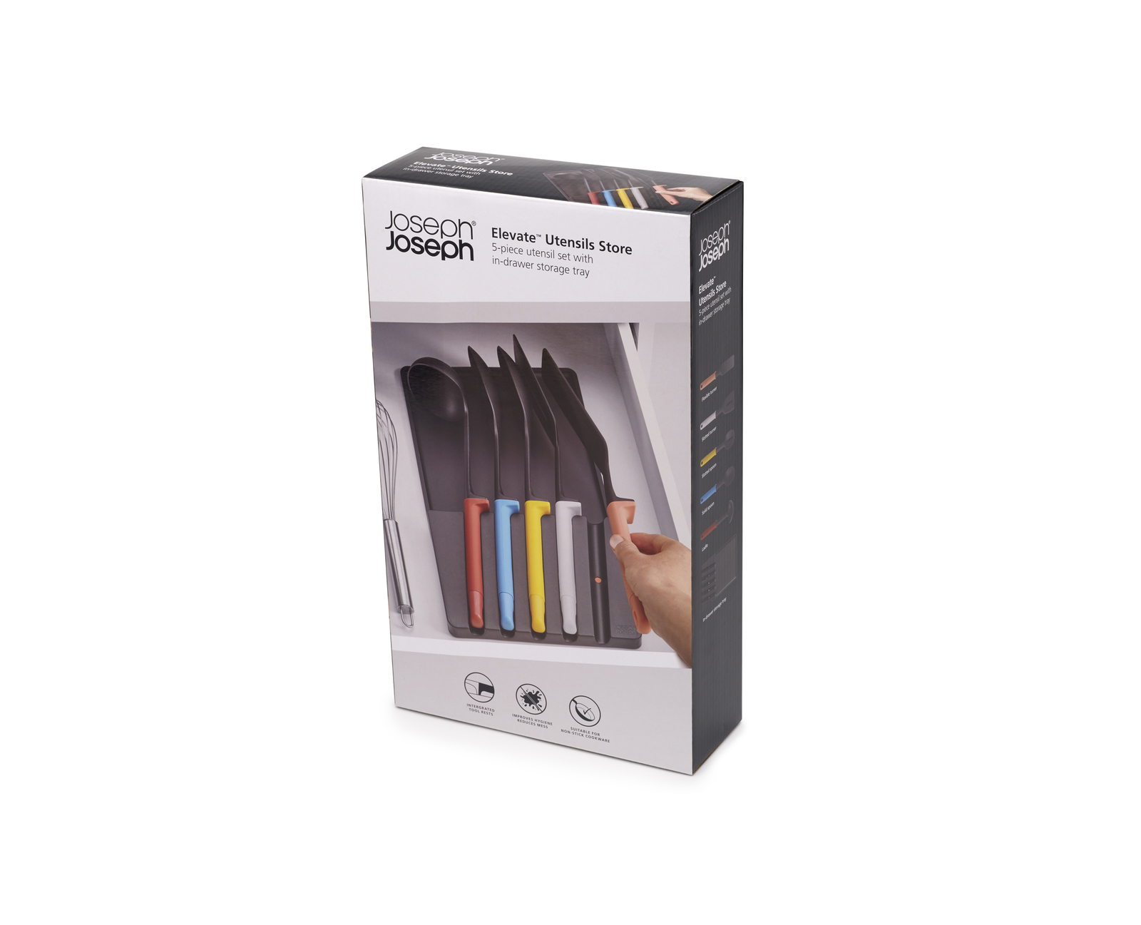Juego de utensilios de cocina en caja. El juego incluye un batidor, una espátula, una cuchara y un volteador. Los utensilios tienen mangos de colores.