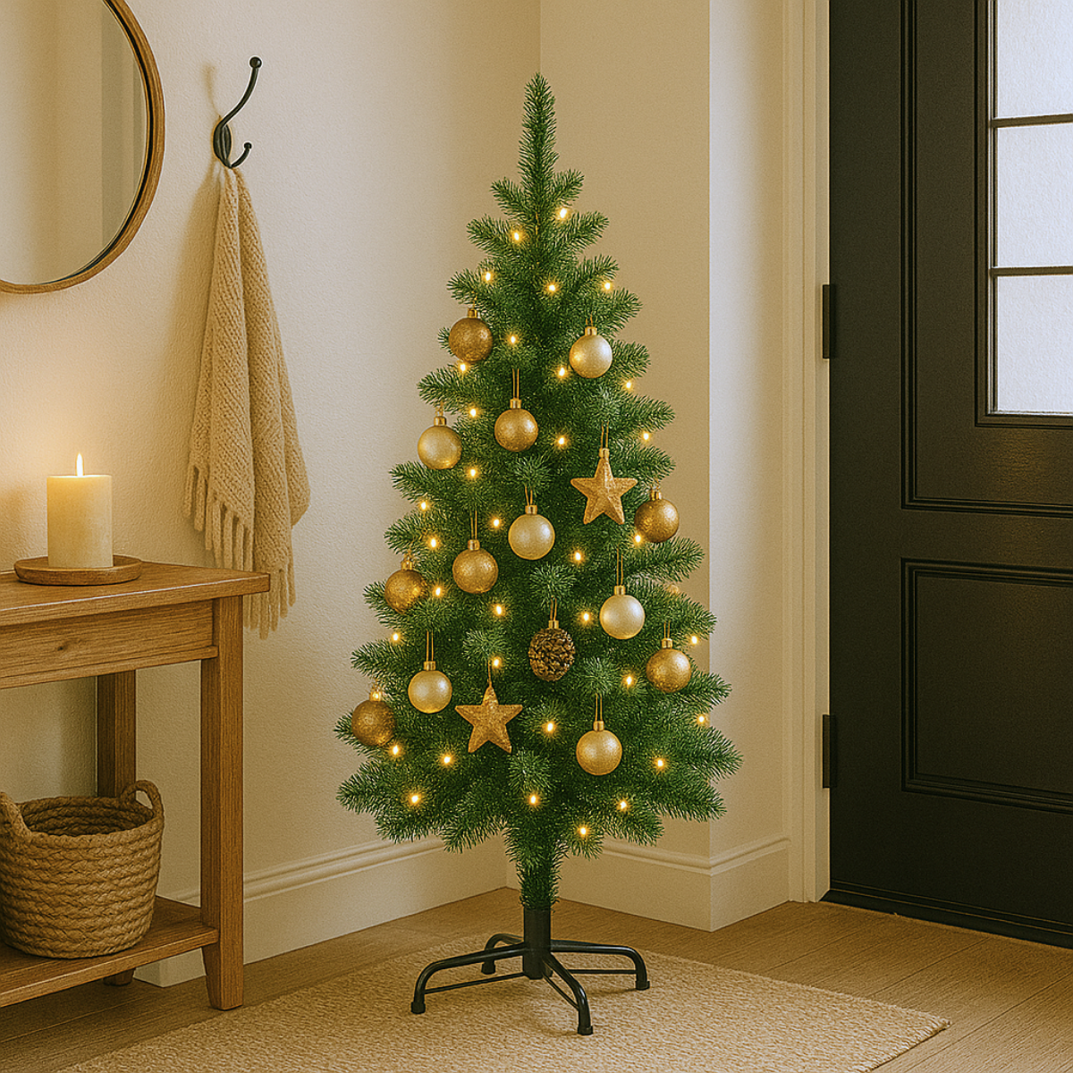 Un sapin de Noël décoré est près d'une porte. Des ornements et des lumières ornent l'arbre. Une bougie et un miroir sont en arrière-plan.