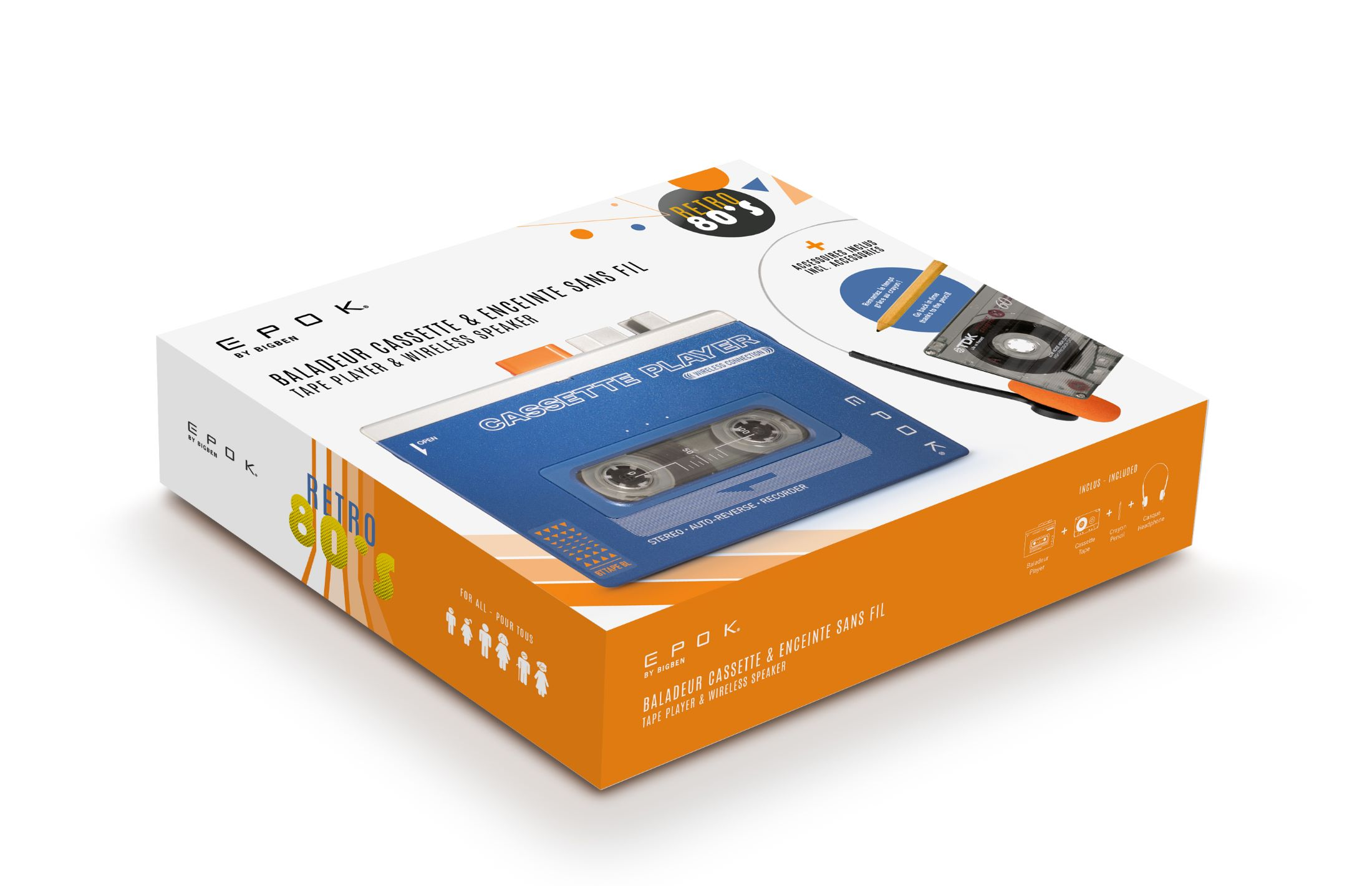 Zapakowany odtwarzacz kaset retro. Szczegół niebieskiej kasety. Zawiera słuchawki, ołówek i taśmę. Pomarańczowe i białe opakowanie.