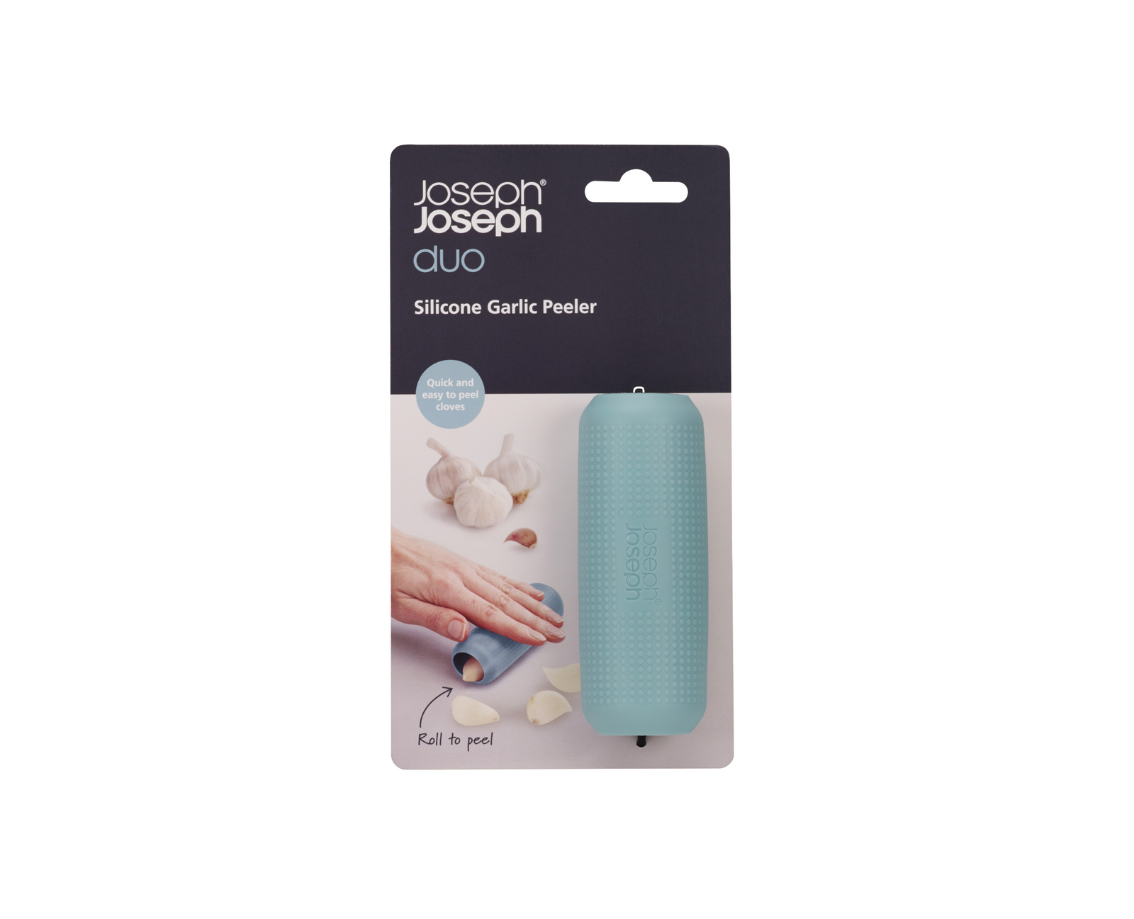 Un paquete para un pelador de ajos de silicona. Muestra dientes de ajo pelándose. El pelador es azul.
