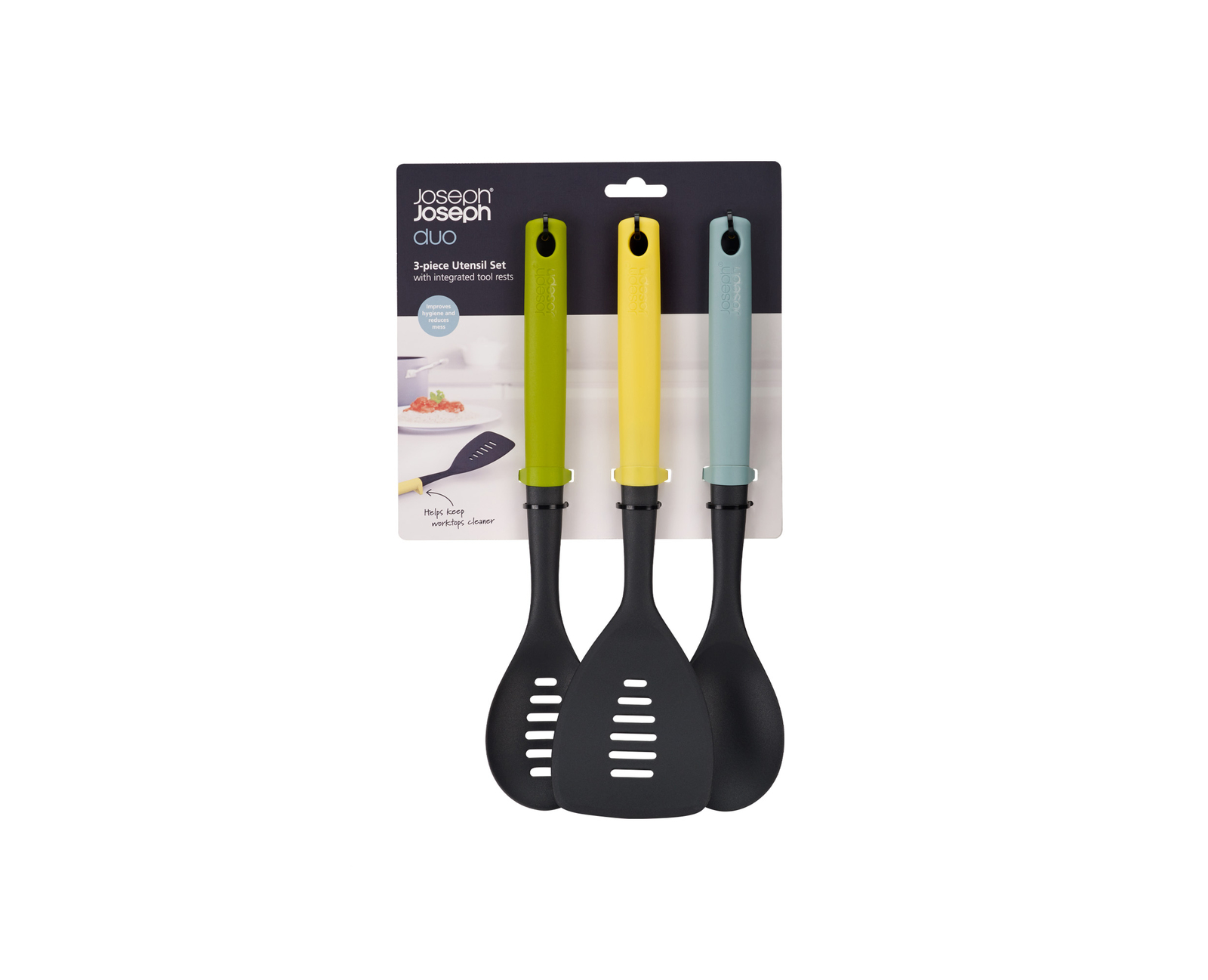 Juego de utensilios de tres piezas sobre fondo blanco. Cada espátula tiene un mango de color diferente: verde, amarillo y azul. Cabezas negras.