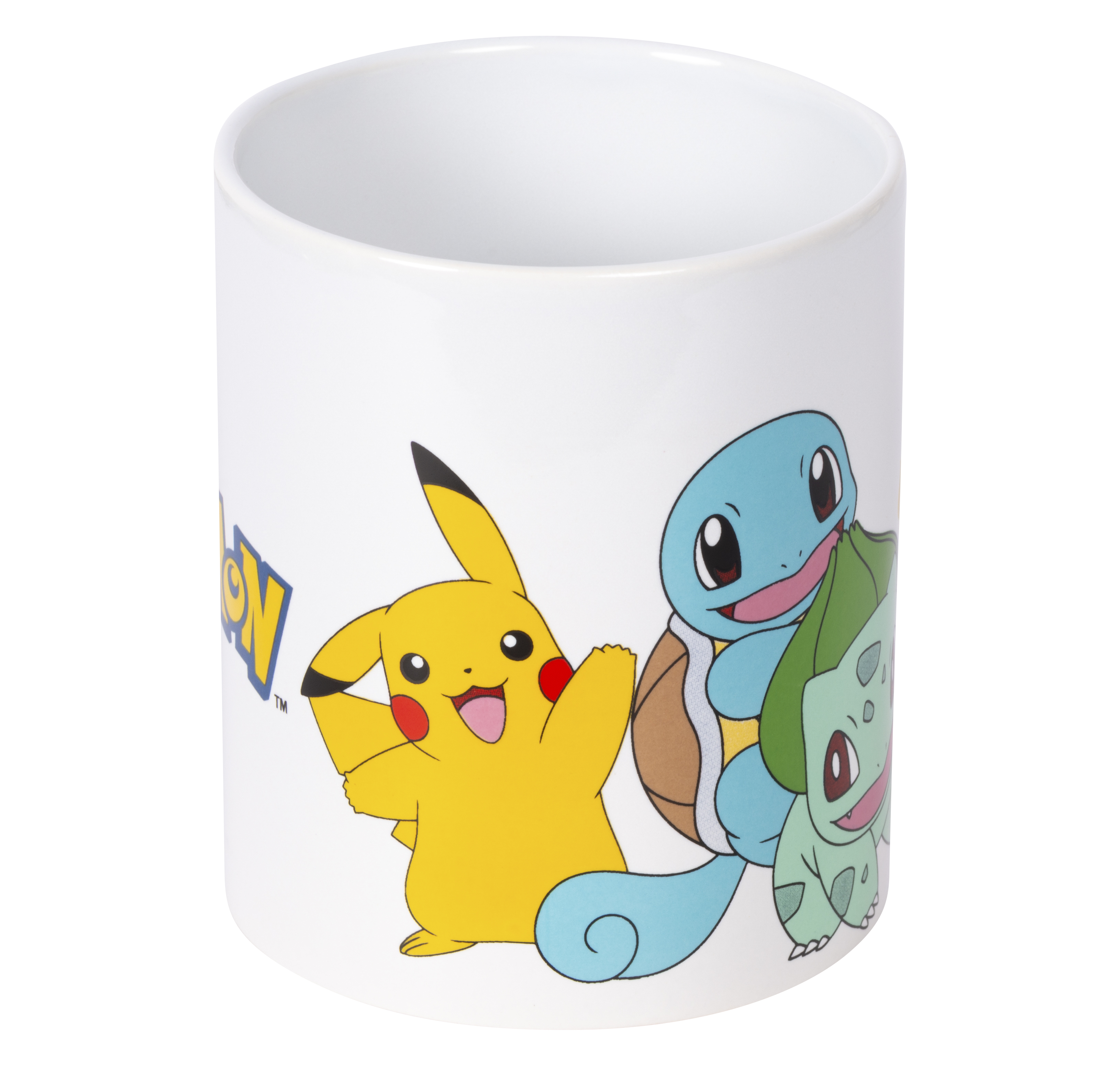 Taza blanca de Pokémon con Pikachu, Squirtle y Bulbasaur. También es visible el logo de Pokémon.