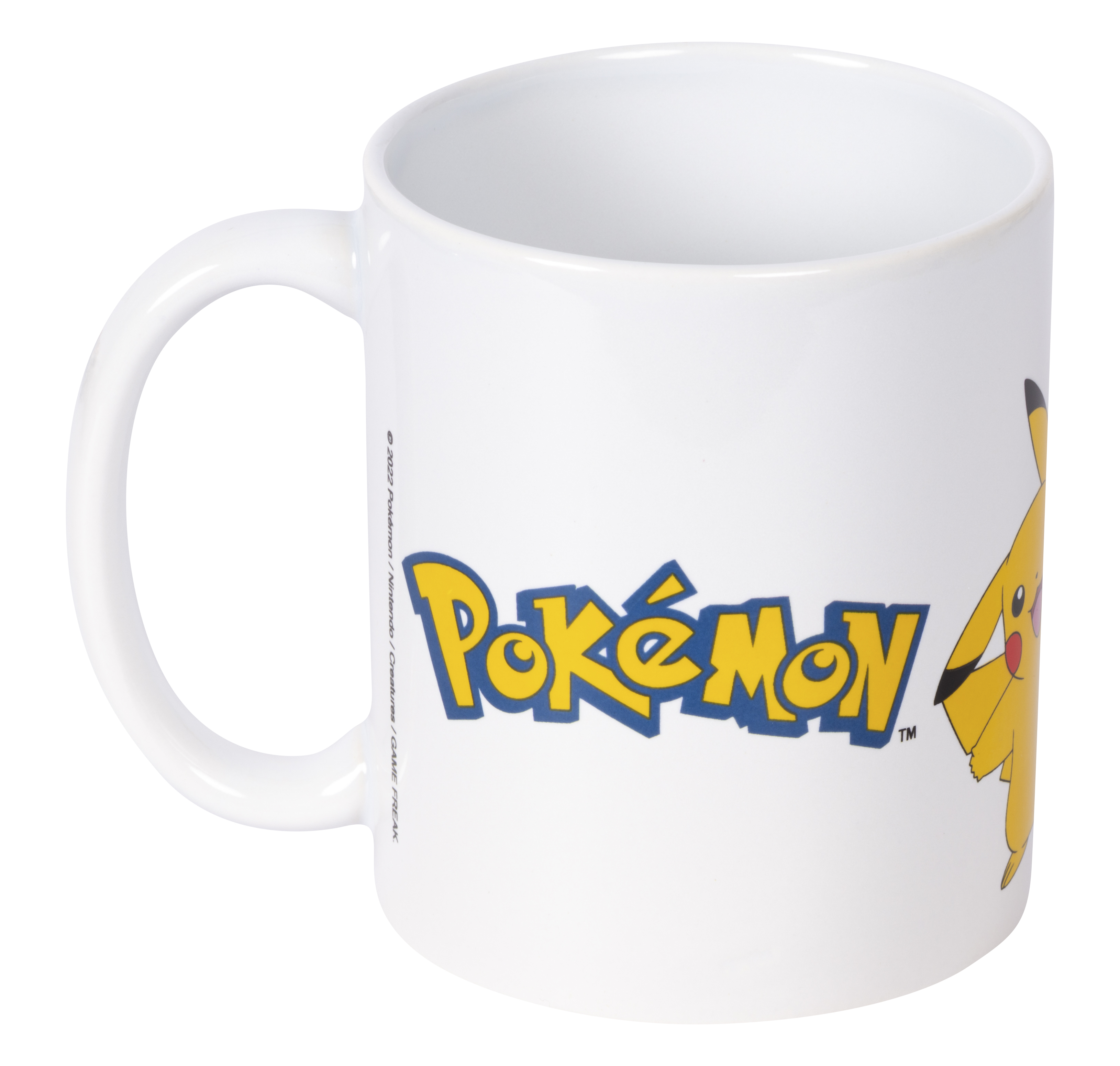 Taza blanca con Pikachu y el logo de Pokemon. Colores amarillo y azul. Asa a la izquierda.