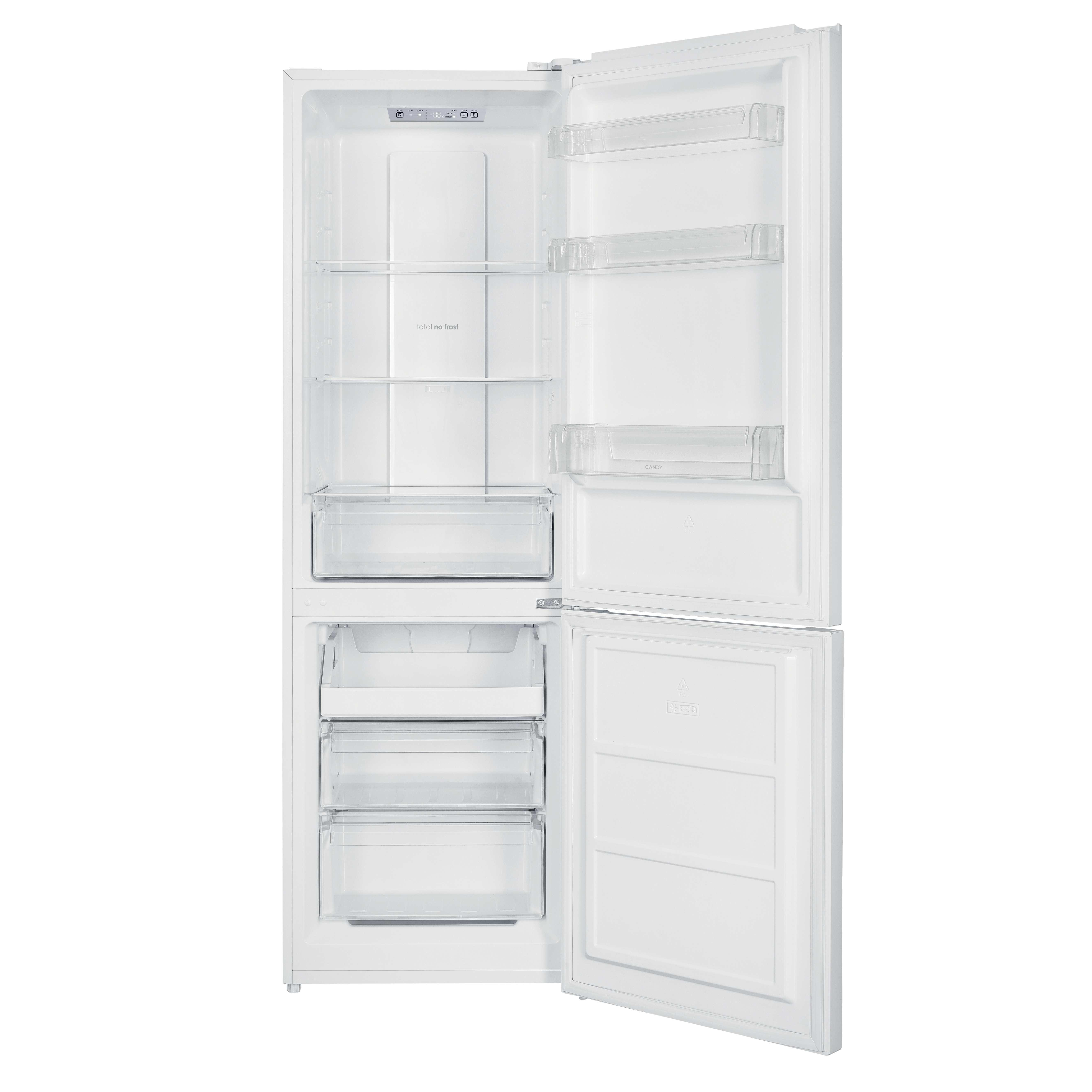 Frigorifero bianco aperto con ripiani, cassetti e congelatore. L'interno è bianco. La porta è aperta.