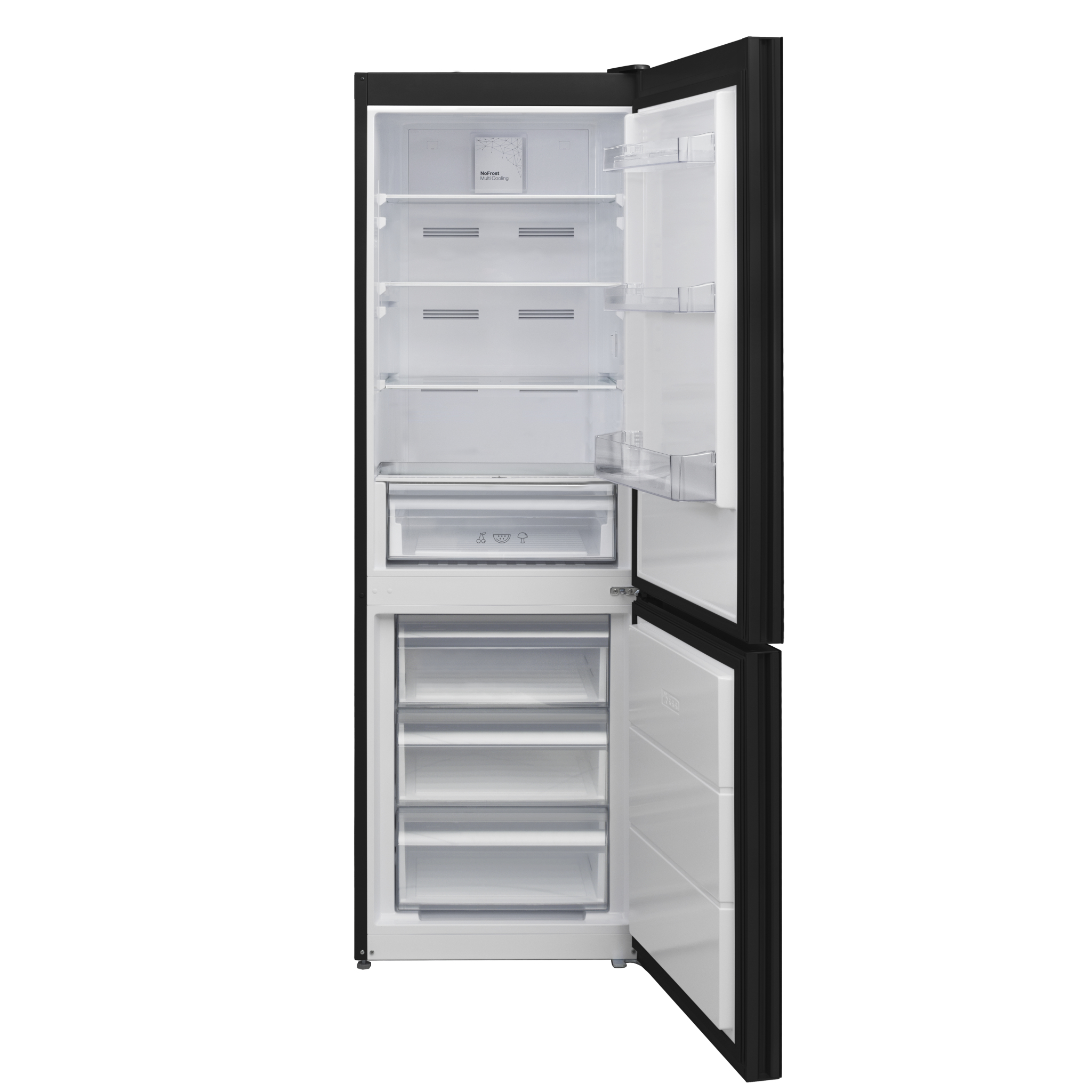 Un refrigerador negro con la puerta abierta. El interior es blanco con estantes y cajones. Etiqueta NoFrost Multi Cooling visible.