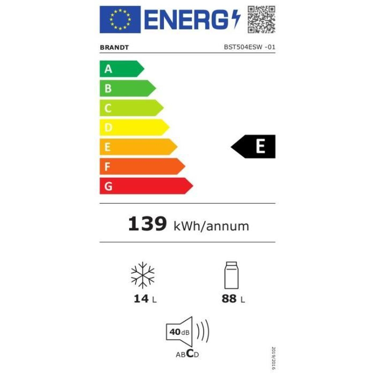 Etichetta energetica per frigorifero. Mostra classe E, 139 kWh/anno, congelatore 14L e capacità frigorifero 88L.