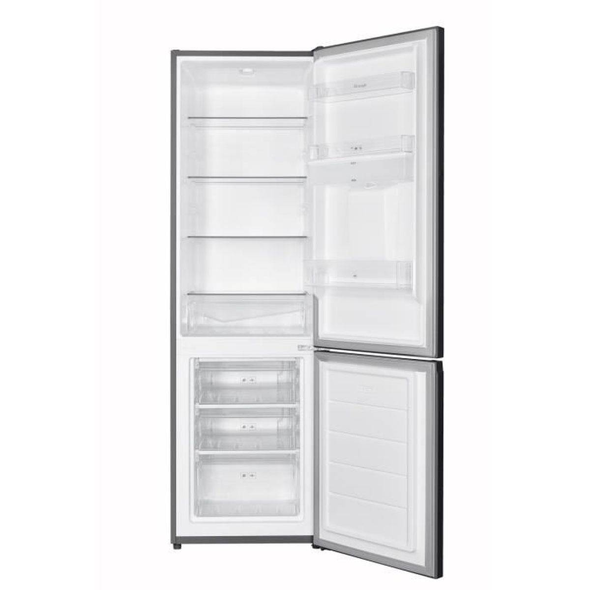 Frigorifero aperto che mostra l'interno. La sezione superiore ha ripiani, quella inferiore ha cassetti. Porta del congelatore aperta. Cornice grigia, interno bianco.