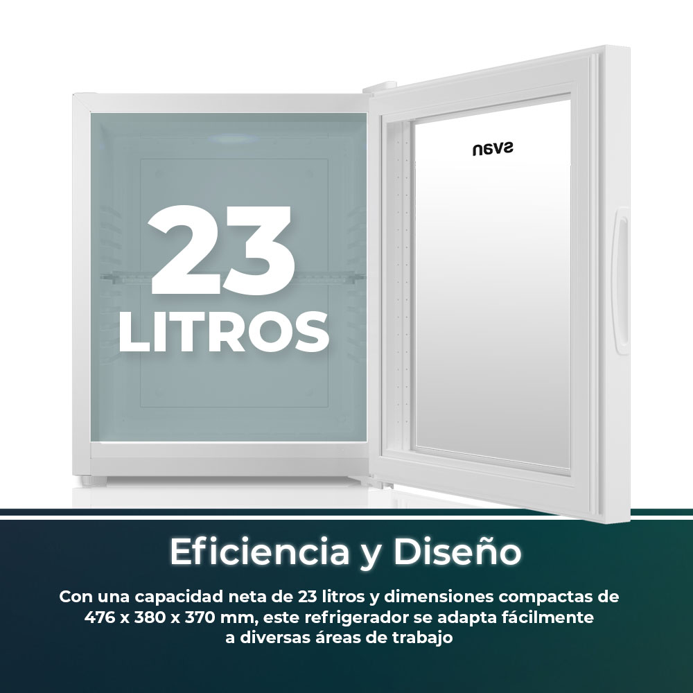 Refrigerador blanco abierto con 23 Litros escrito. También dice Eficiencia y Diseño. El texto describe dimensiones y uso.