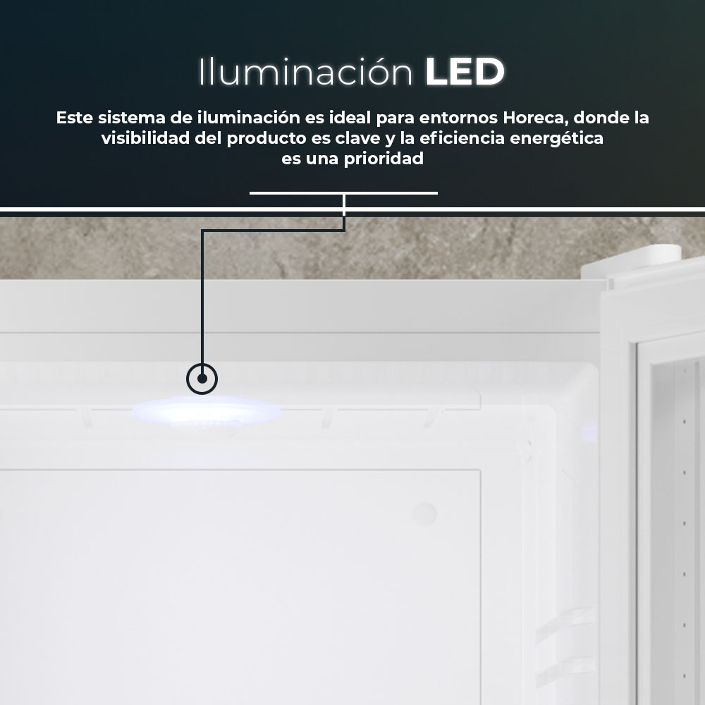 Primer plano del interior de un refrigerador blanco con iluminación LED. El texto superior dice "Iluminación LED" y describe su uso.