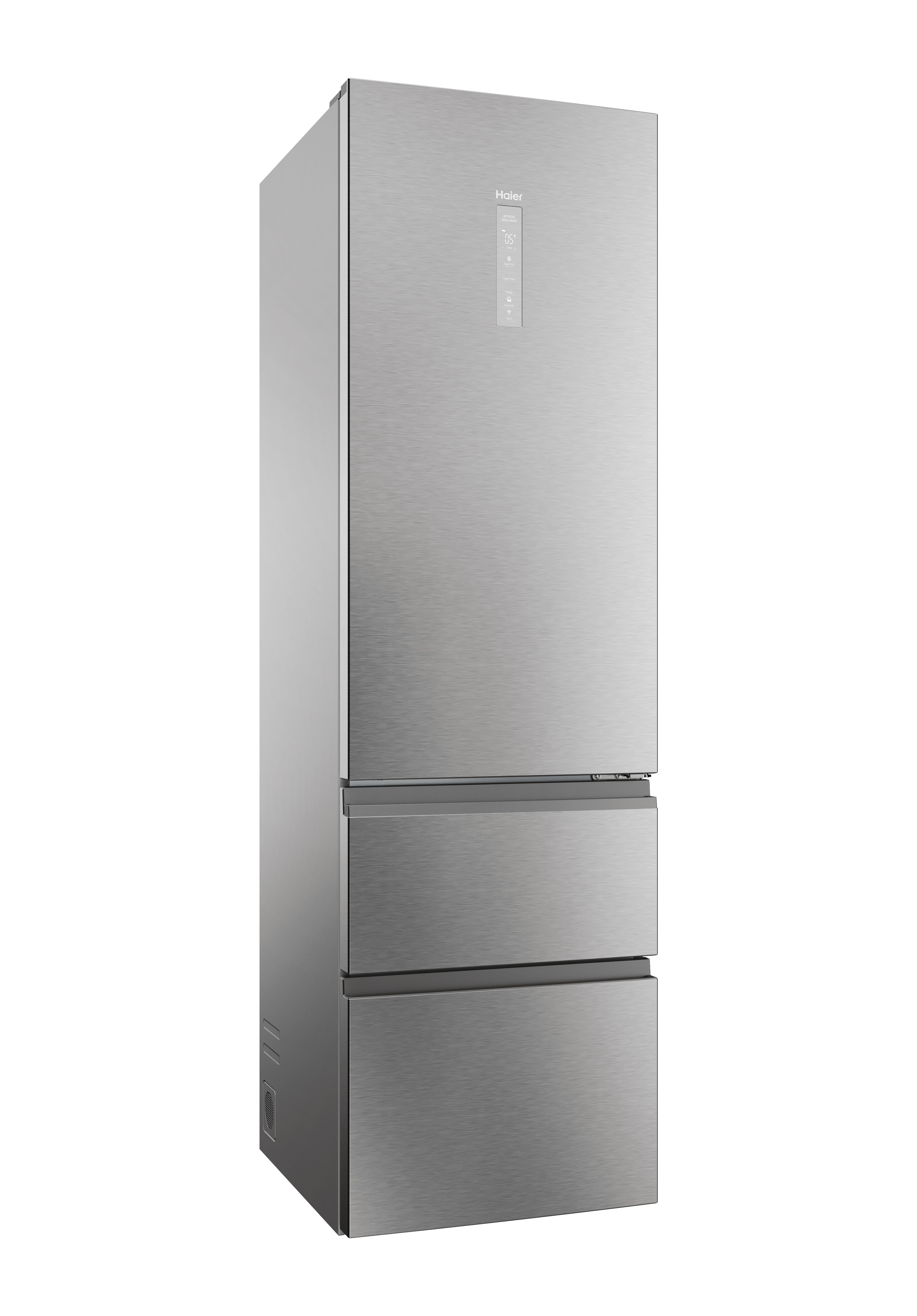 Un moderno refrigerador Haier de acero inoxidable. Tiene una sección superior alta y dos cajones debajo.