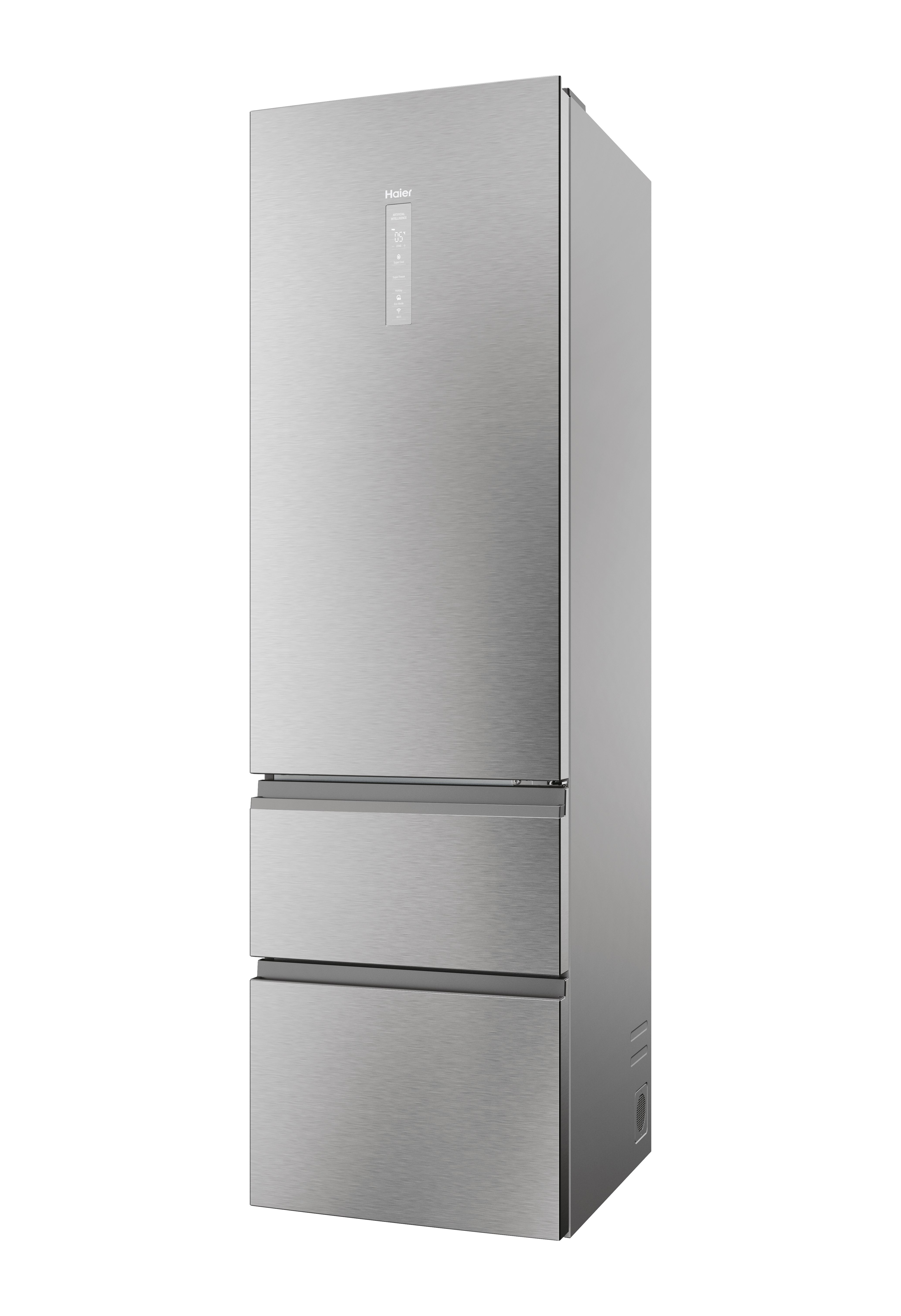 Un refrigerador Haier de acero inoxidable. Tiene una puerta superior alta y dos cajones inferiores. El fondo es blanco.