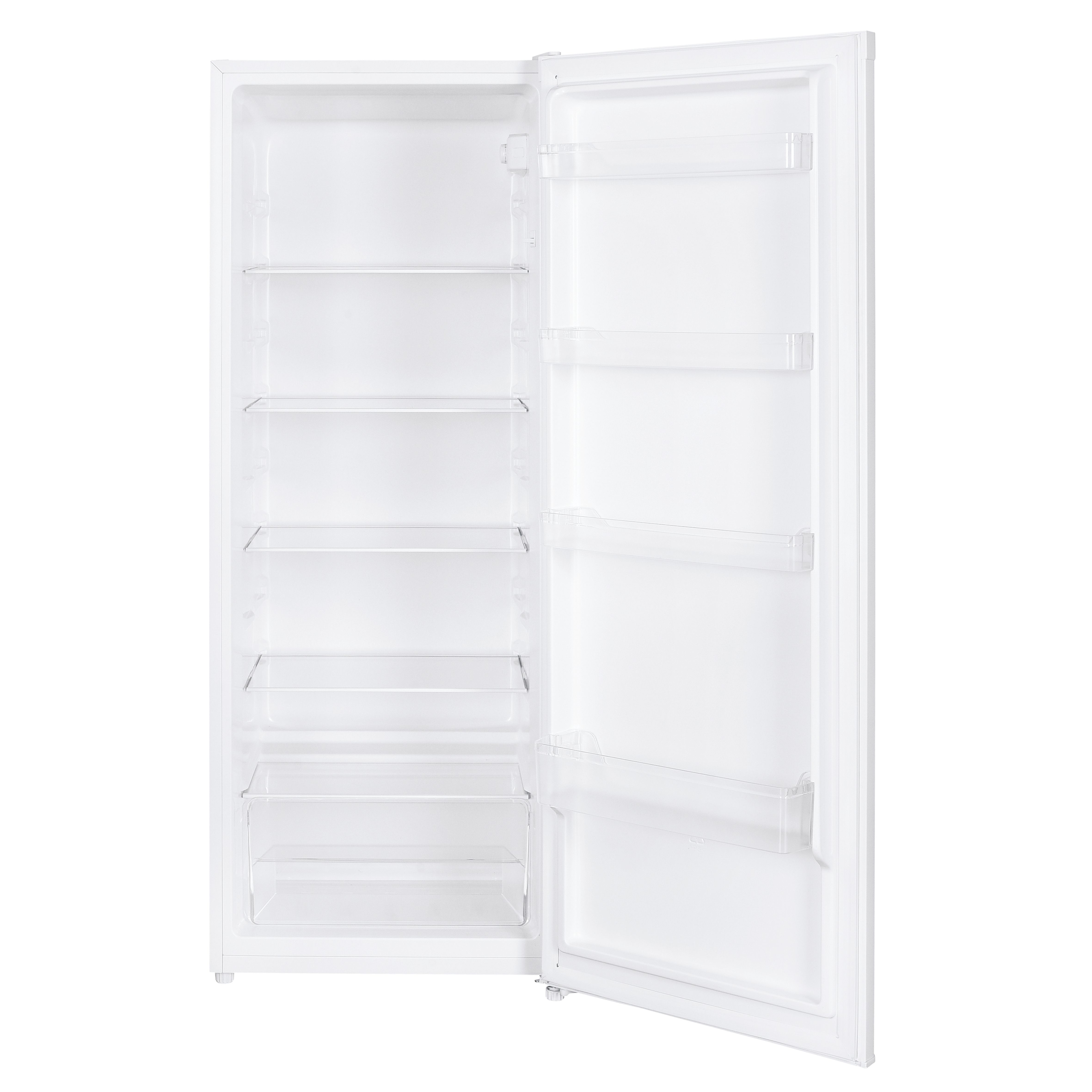 Un refrigerador blanco con la puerta abierta, mostrando estantes y cajones transparentes. El fondo es blanco.