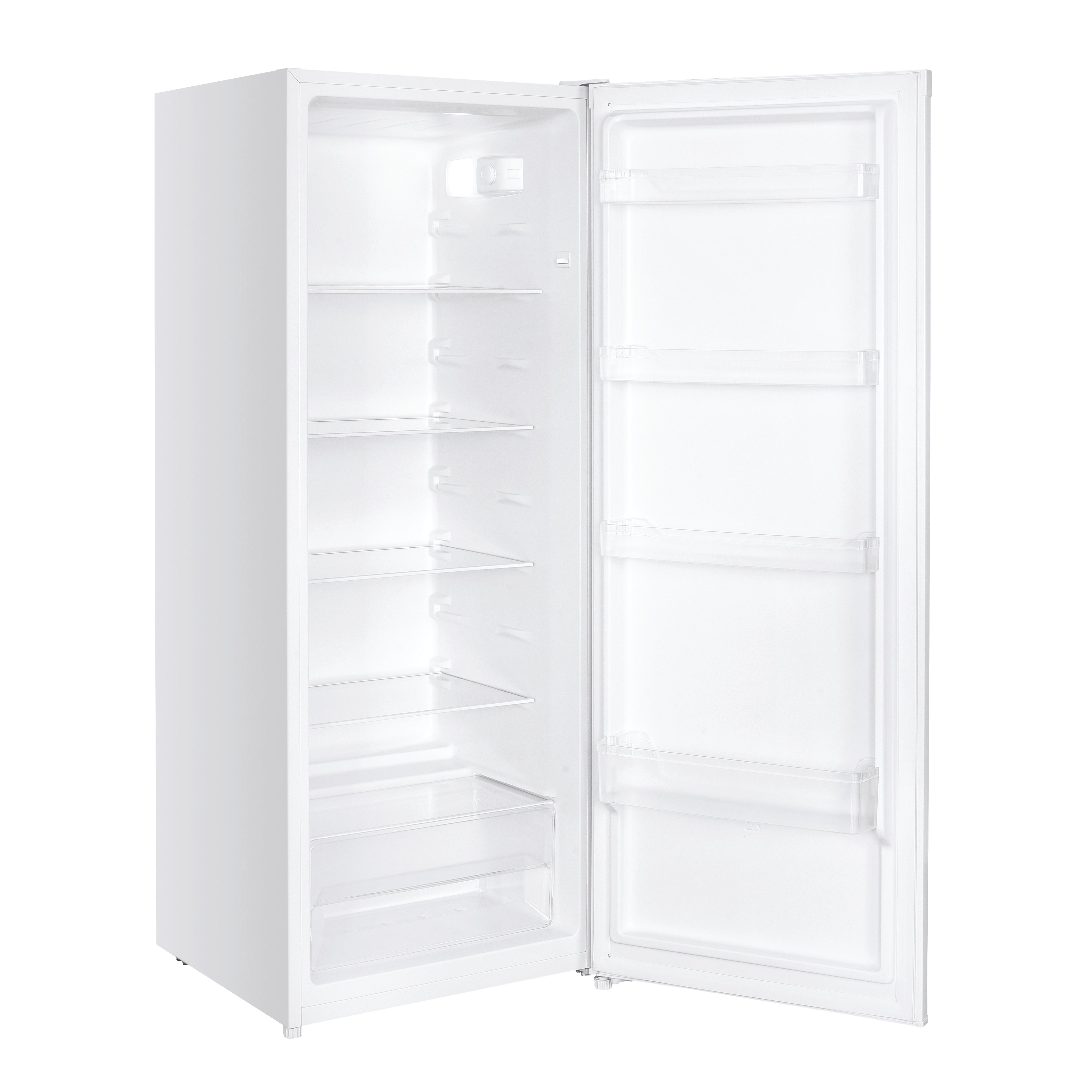 Un refrigerador blanco con la puerta abierta. Dentro, hay estantes. El fondo es blanco.