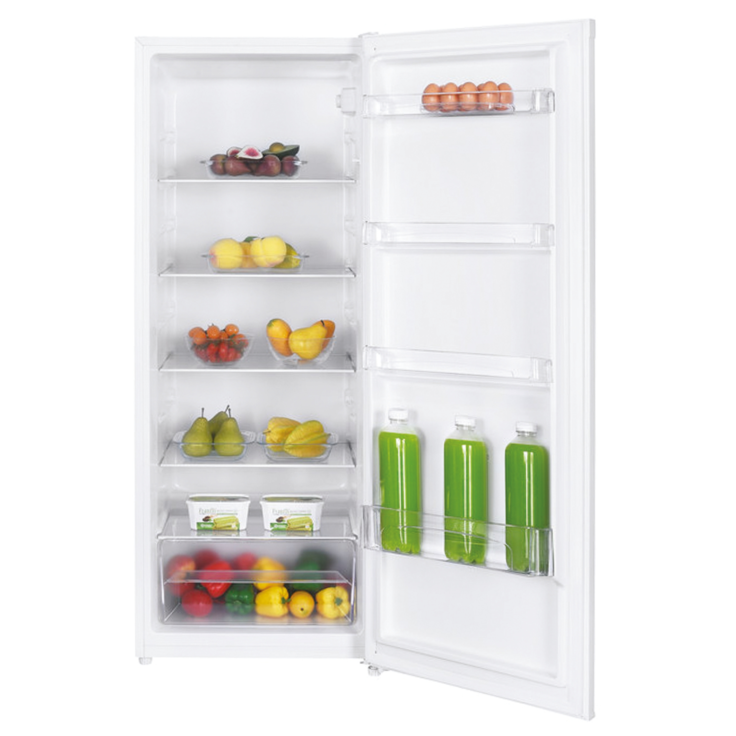 Un refrigerador blanco con la puerta abierta, mostrando frutas, verduras, huevos y botellas de jugo verde.