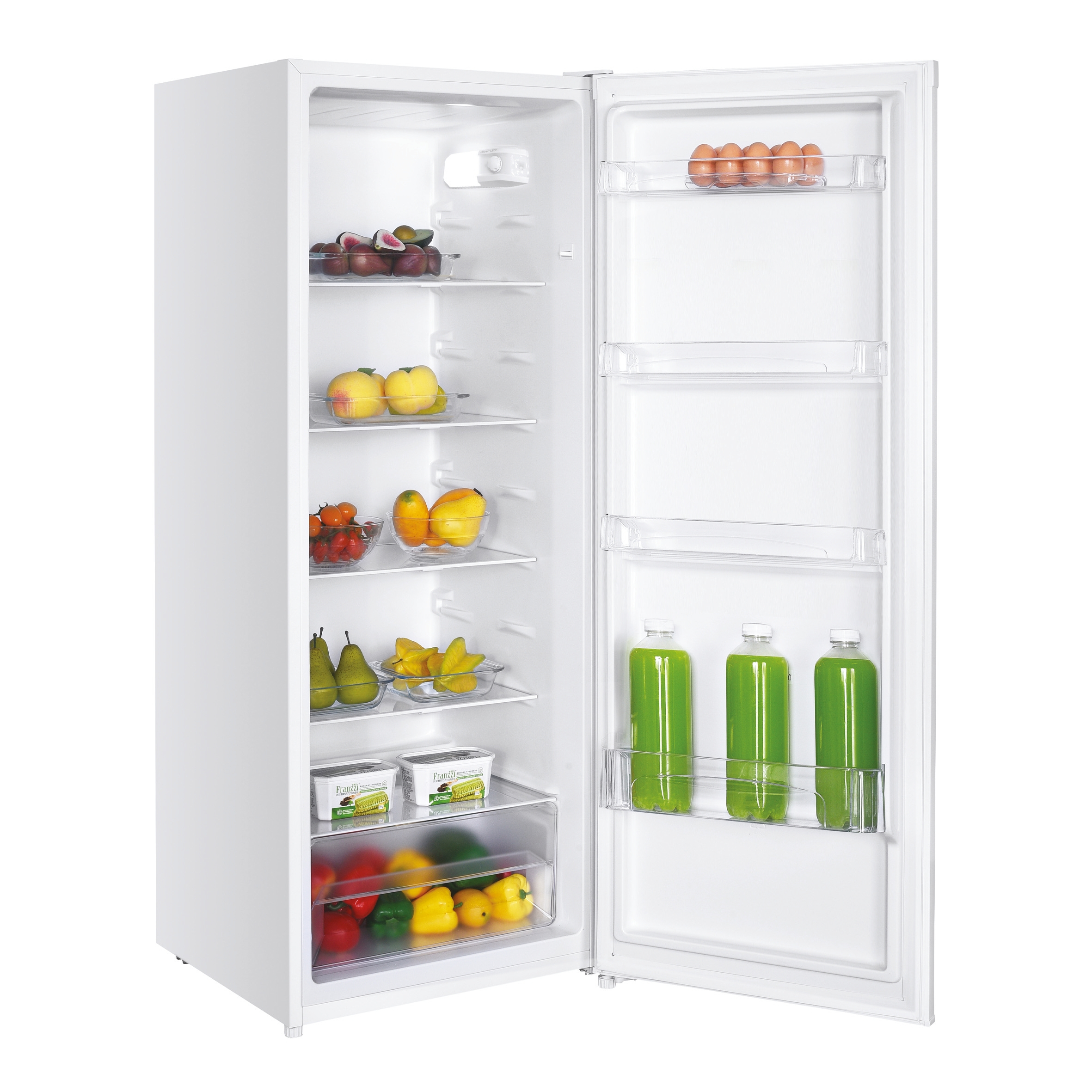 Un refrigerador blanco con la puerta abierta, lleno de frutas, verduras y bebidas.