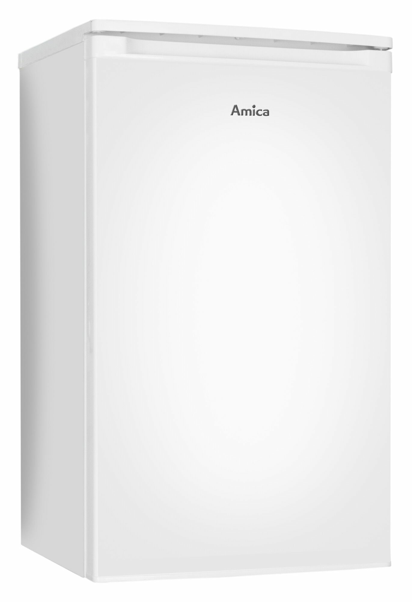 Ein weißer Amica-Kühlschrank. Er hat eine einzige Tür und ein schlichtes Design. Das Amica-Logo befindet sich in der Mitte der Tür.