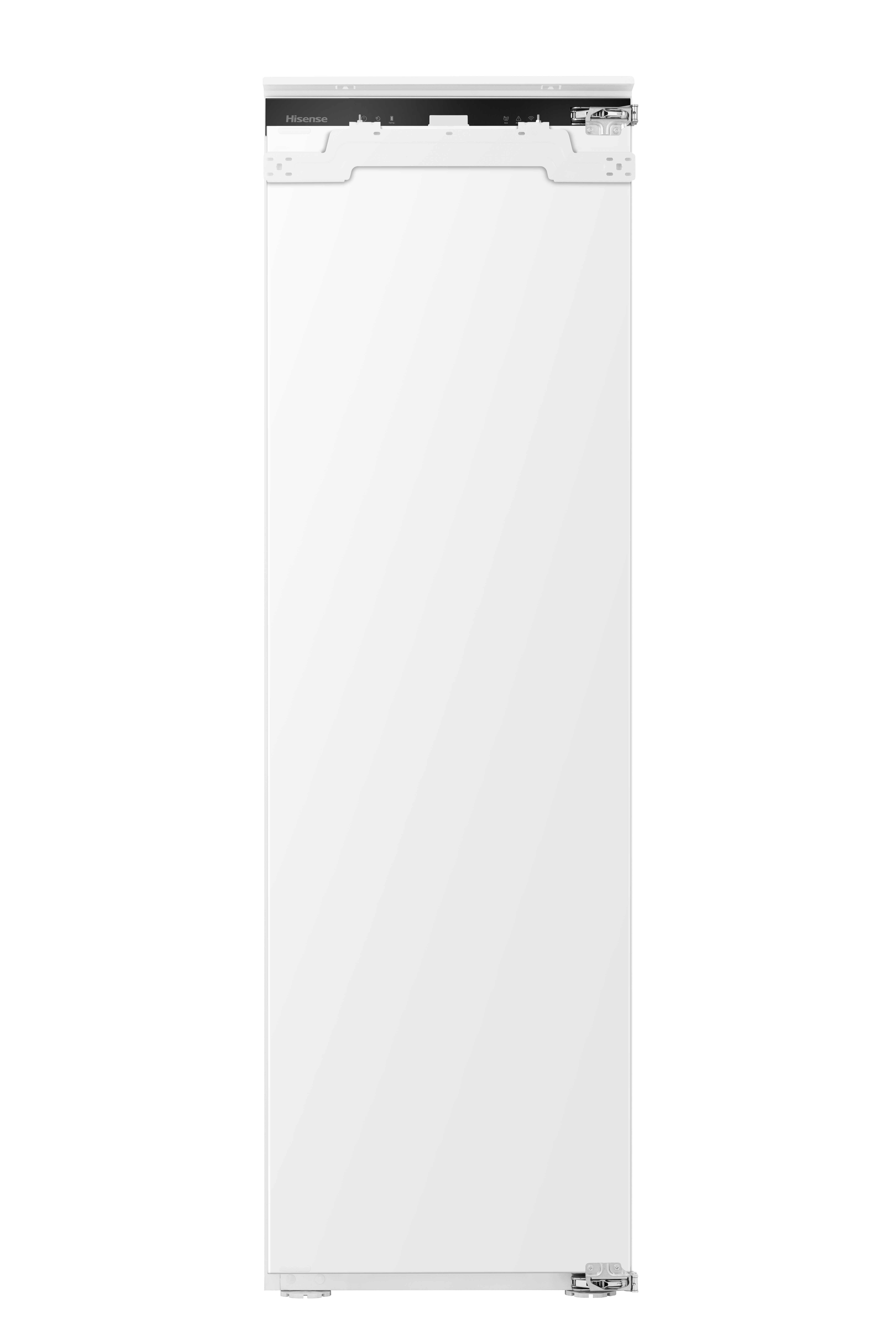 Białe drzwi lodówki Hisense. Elementy sterujące i logo u góry. Srebrny zawias i uchwyt na dole.