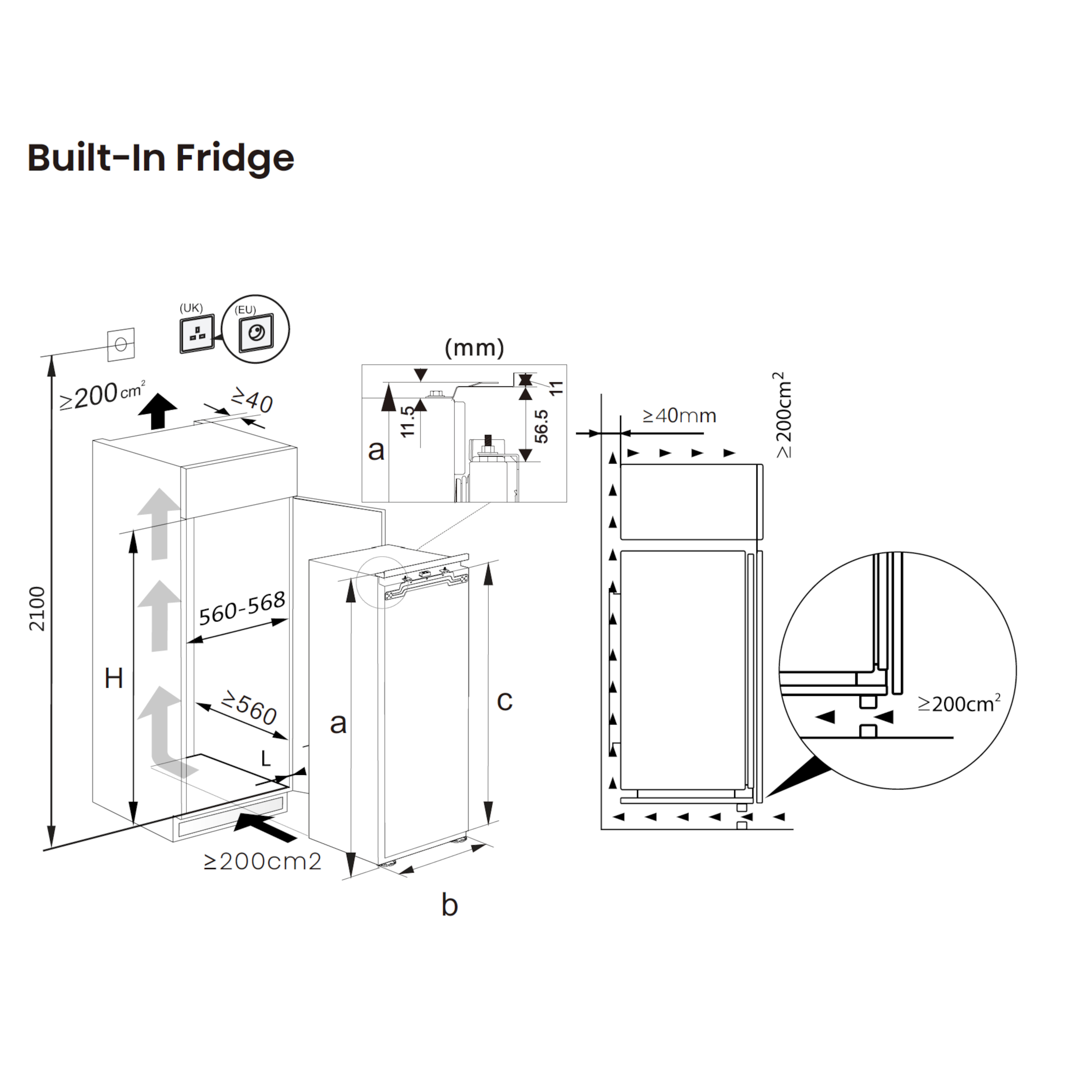 Schemat lodówki do zabudowy z wymiarami w mm i cm2 oraz symbolami wtyczek UK/UE.