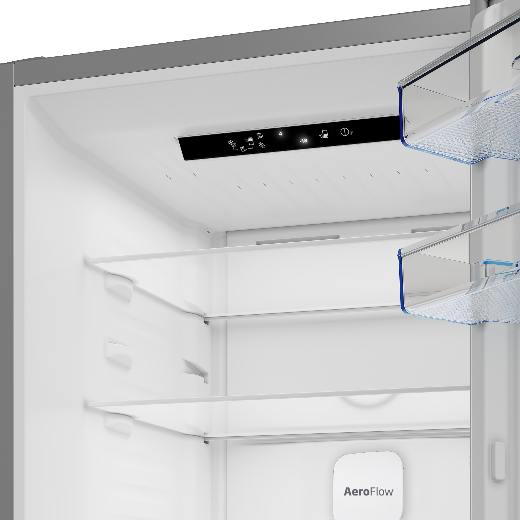 Interior de refrigerador abierto con estantes, panel de visualización y etiqueta AeroFlow.