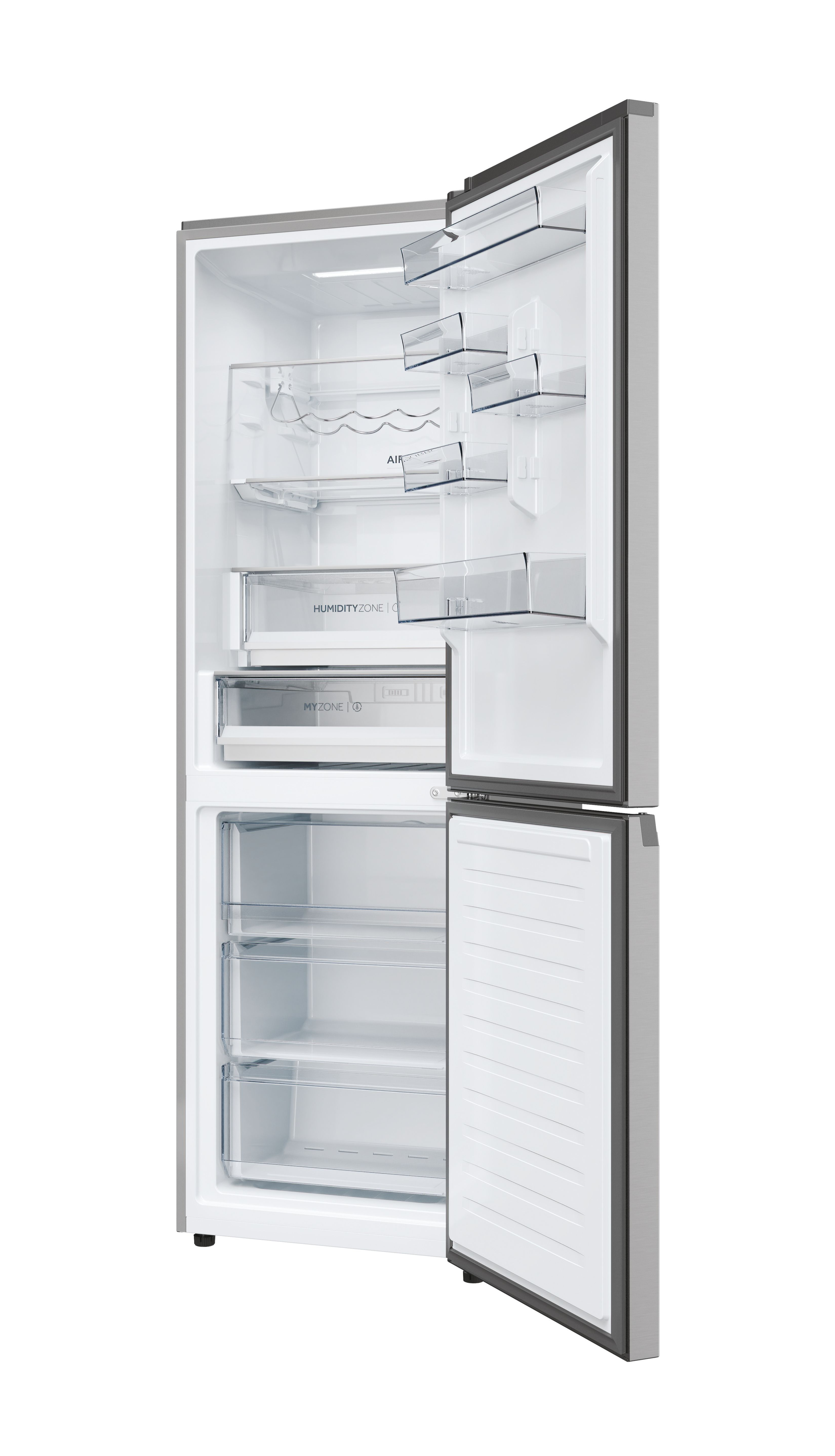 Otwarta lodówka pokazuje półki, szuflady i przegrody. Drzwi są otwarte. Zewnętrzna strona ze stali nierdzewnej z białym wnętrzem.