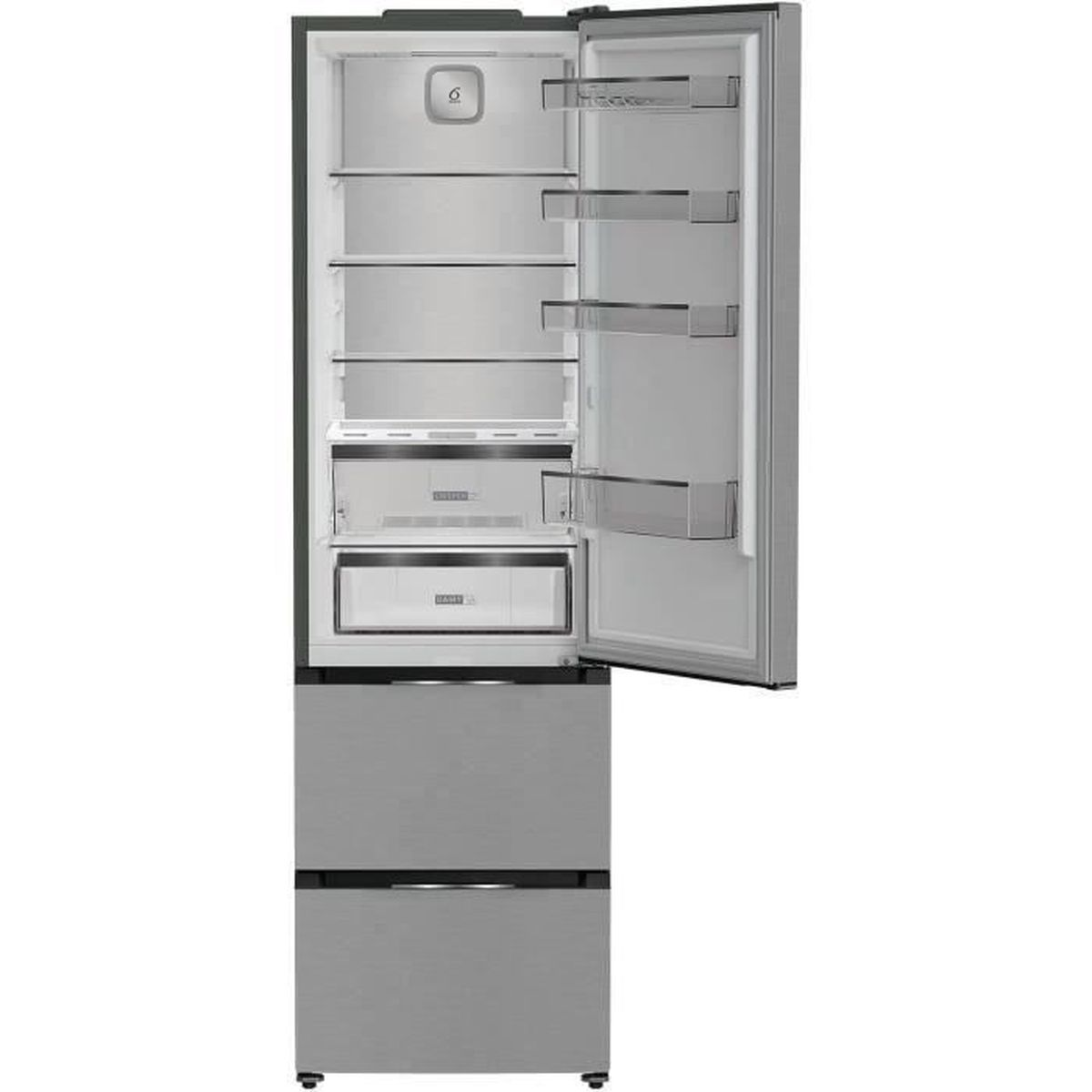 Un refrigerador plateado moderno con la puerta abierta. En el interior hay estantes y cajones. La parte inferior tiene dos cajones de congelador.