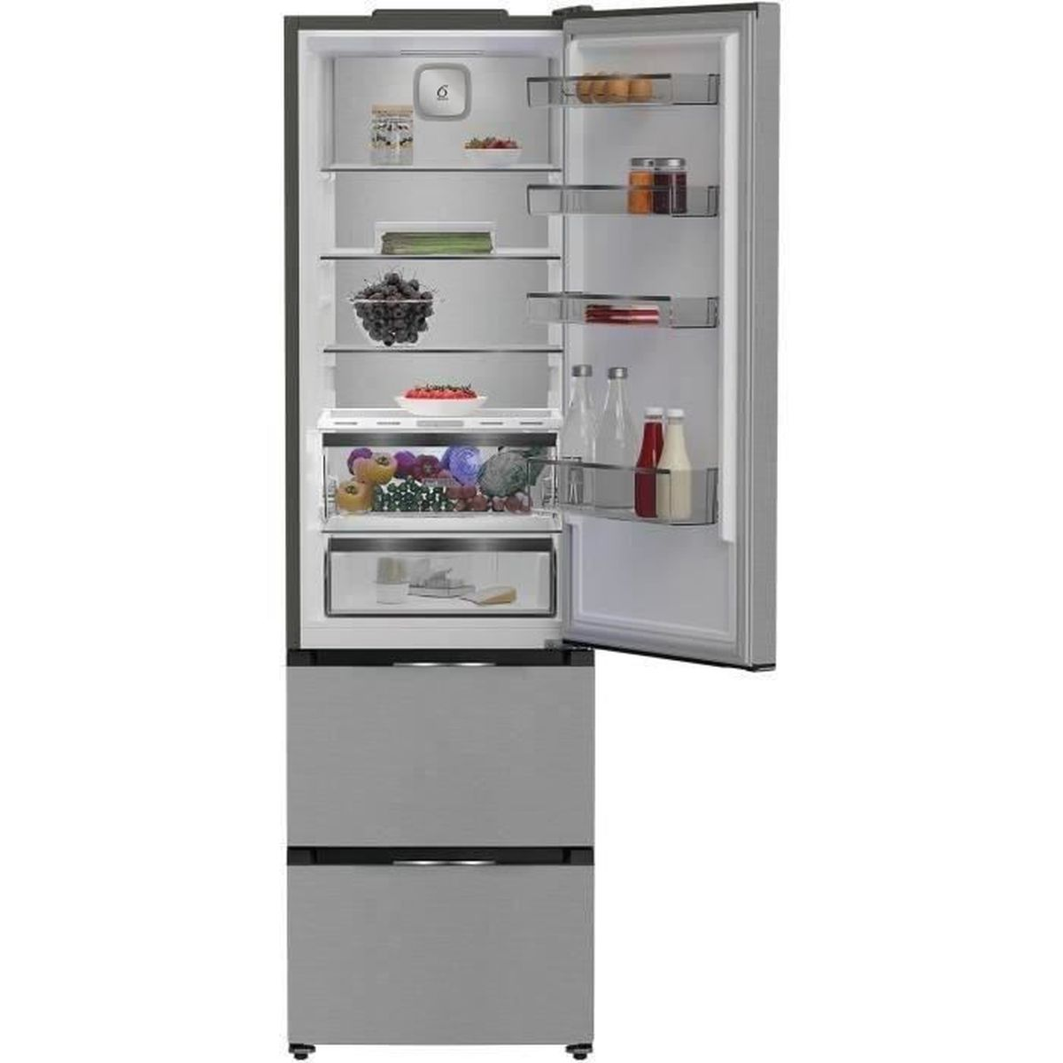 Un refrigerador moderno, parcialmente abierto. En el interior, estantes con alimentos como frutas, verduras y condimentos. Las puertas del congelador están cerradas.
