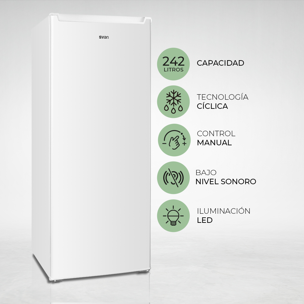 Un refrigerador blanco de la marca 'svan'. Características: capacidad de 242L, tecnología cíclica, control manual, bajo ruido, iluminación LED.
