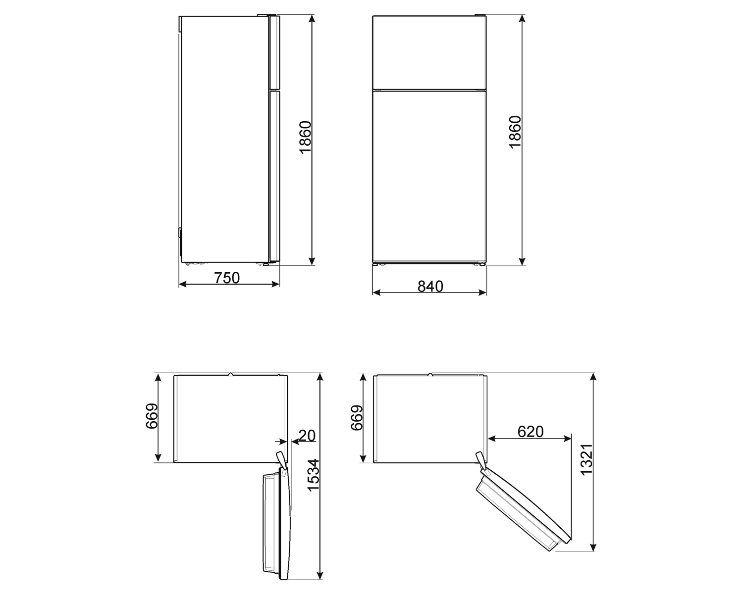 Diagrama de dos refrigeradores y dos puertas de armario. Las dimensiones se indican con flechas y números en milímetros.
