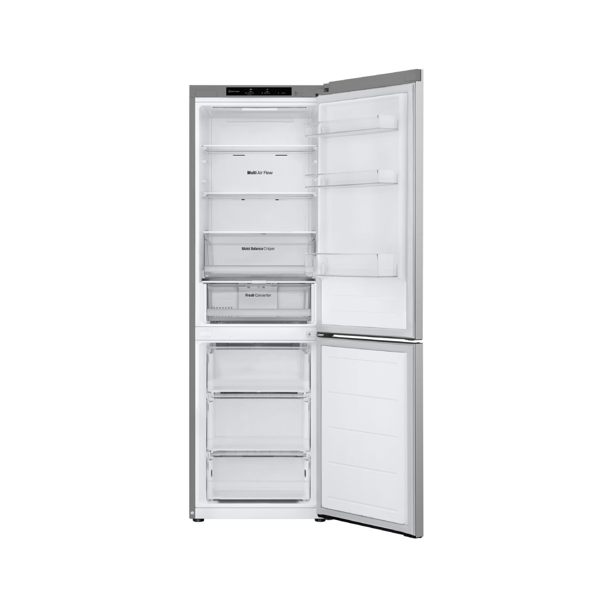Un refrigerador plateado con las puertas abiertas. En el interior, se ven estantes y cajones. Las etiquetas dicen 'Multi Air Flow' y 'Moist Balance Crisper'.