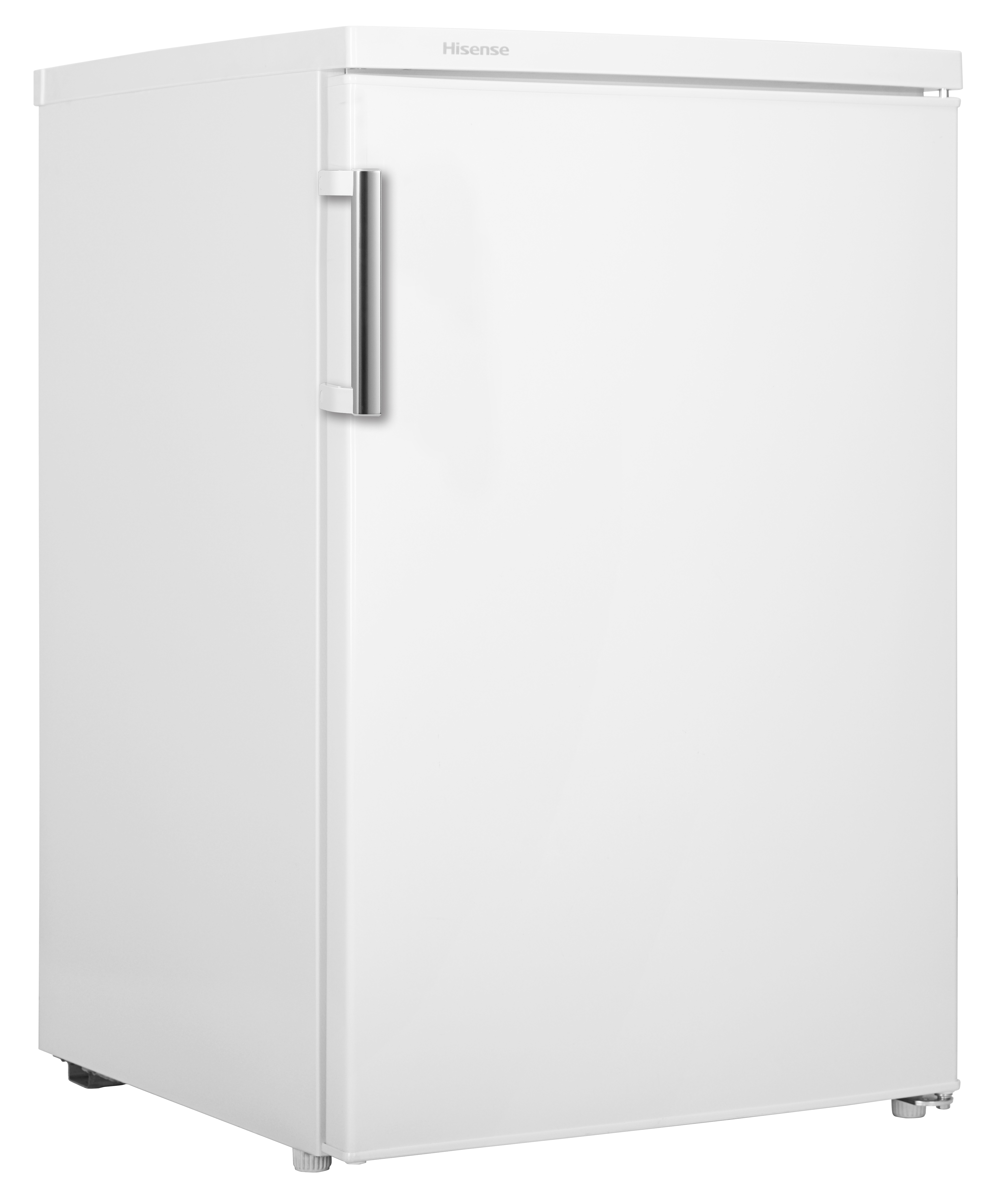 Biała lodówka Hisense stoi prosto. Ma uchwyt i nazwę marki na górze.