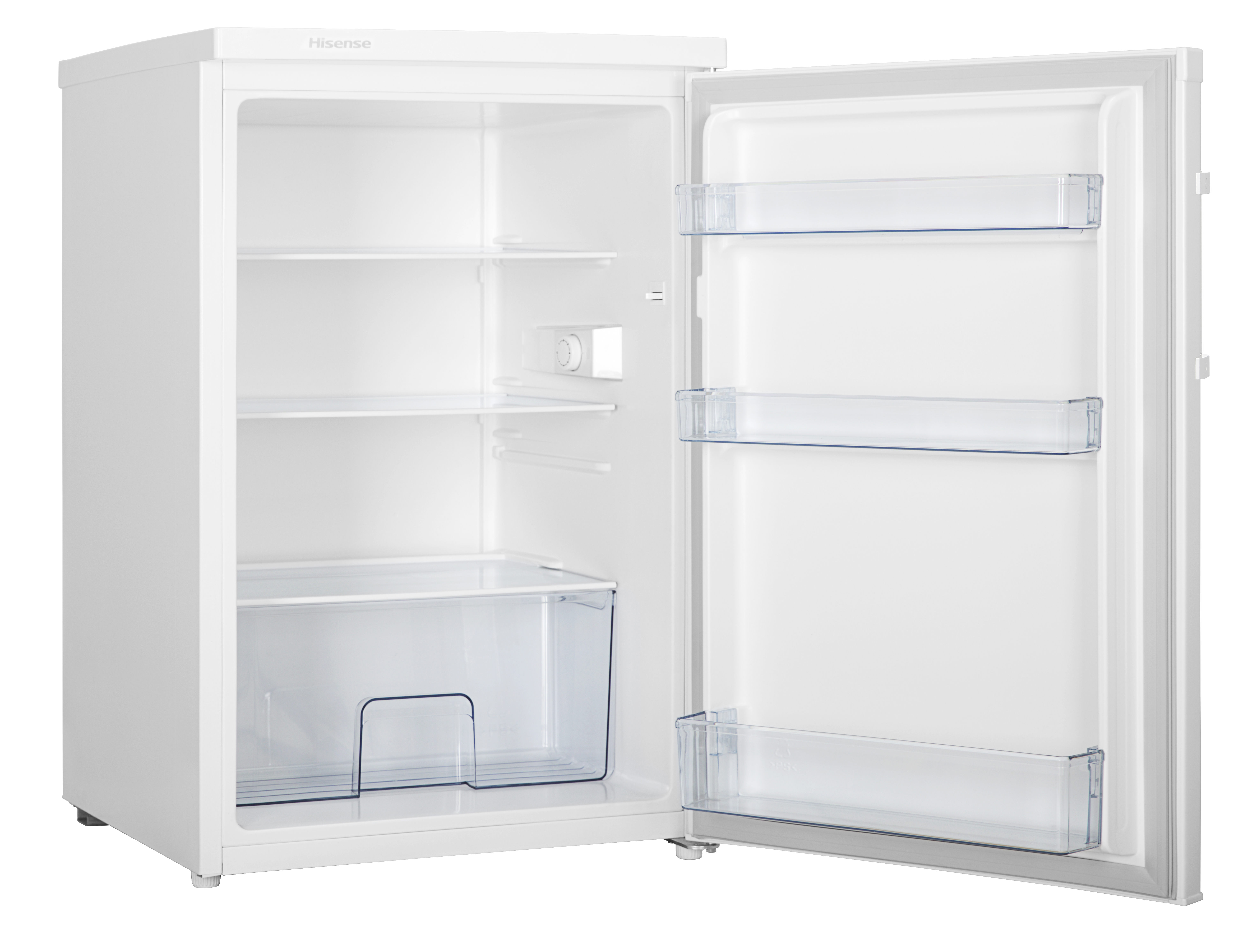 Biała lodówka z otwartymi drzwiami. W środku półki i przezroczyste pojemniki.