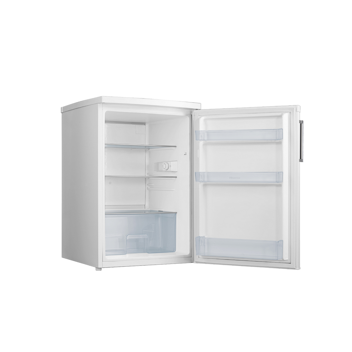 Biała mini-lodówka z otwartymi drzwiami. W środku półki i szuflada na warzywa. Drzwi mają półki i uchwyt.