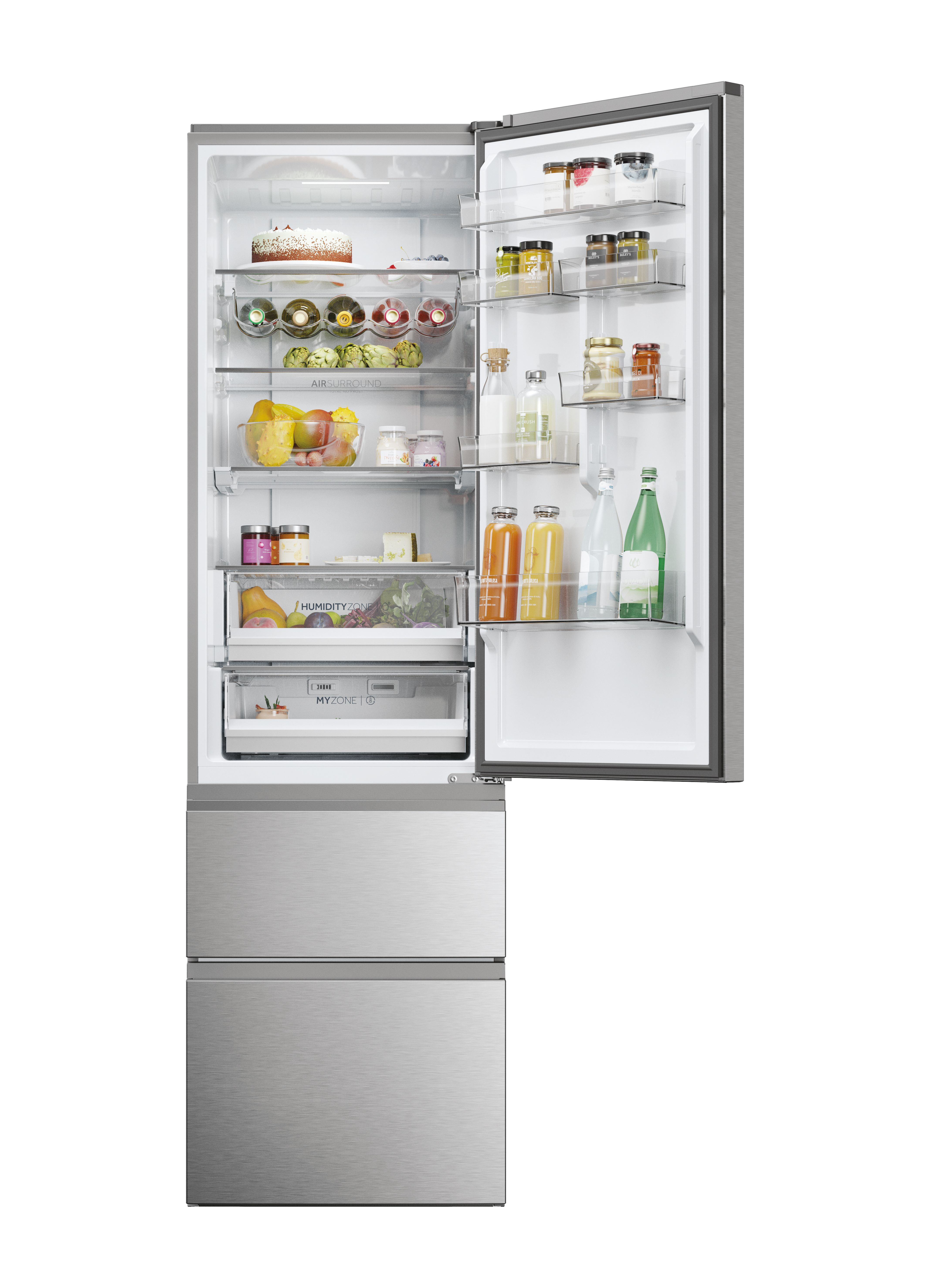 Refrigerador abierto lleno de alimentos como frutas, frascos y botellas. Exterior de acero inoxidable.