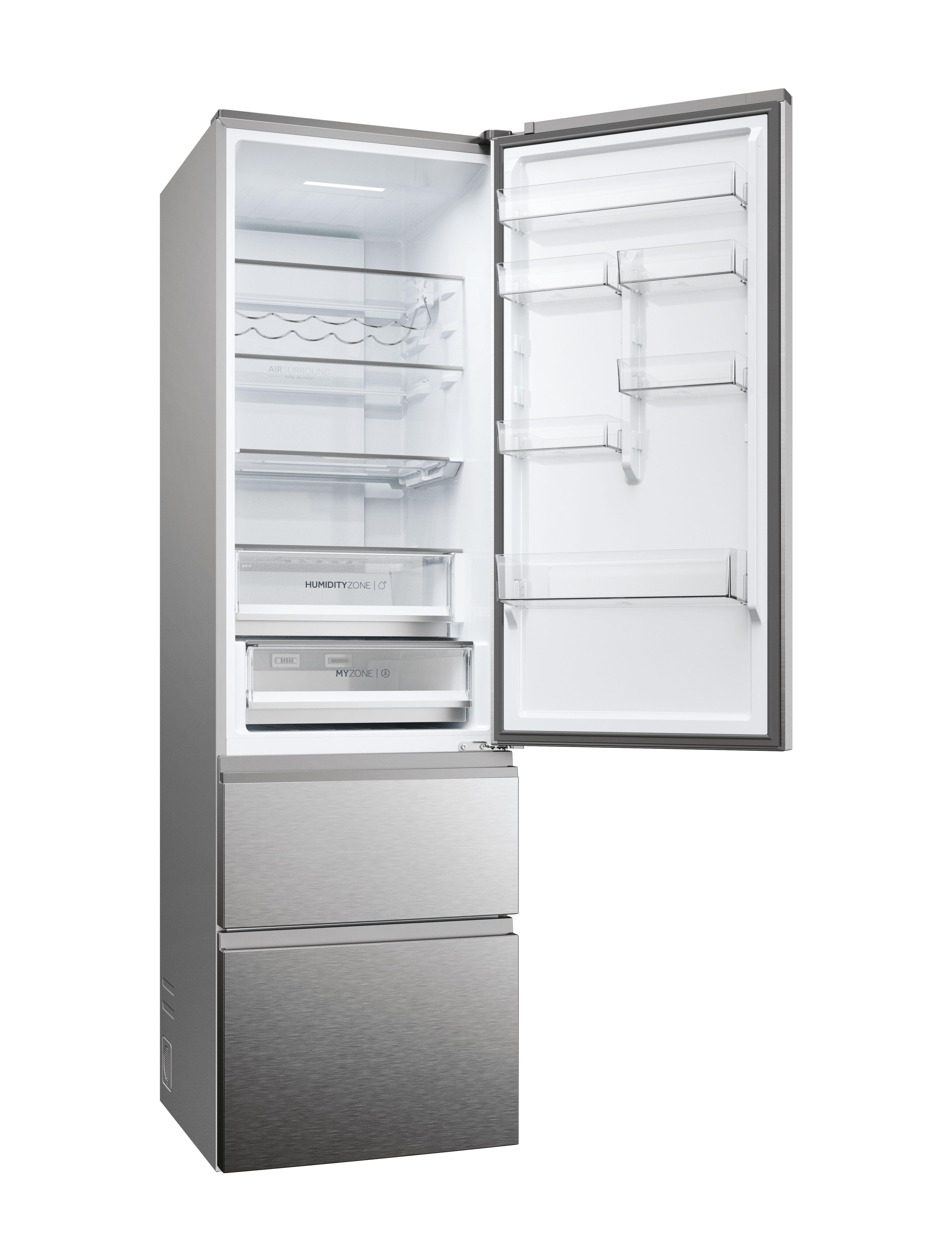 Un refrigerador de acero inoxidable con la puerta abierta, mostrando estantes y cajones.