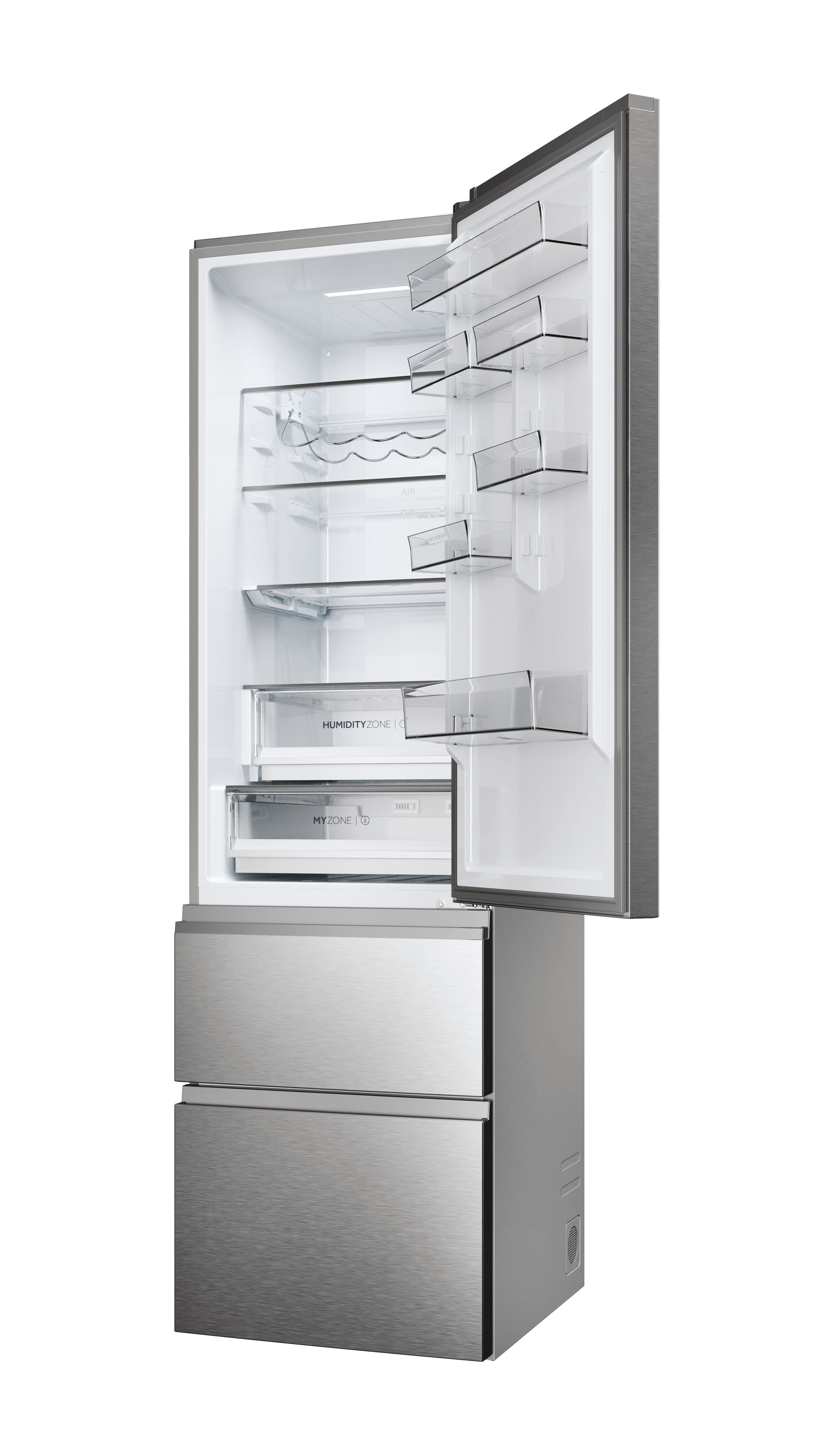 Un refrigerador de acero inoxidable con la puerta abierta. En el interior hay estantes y cajones. La parte inferior tiene dos cajones.