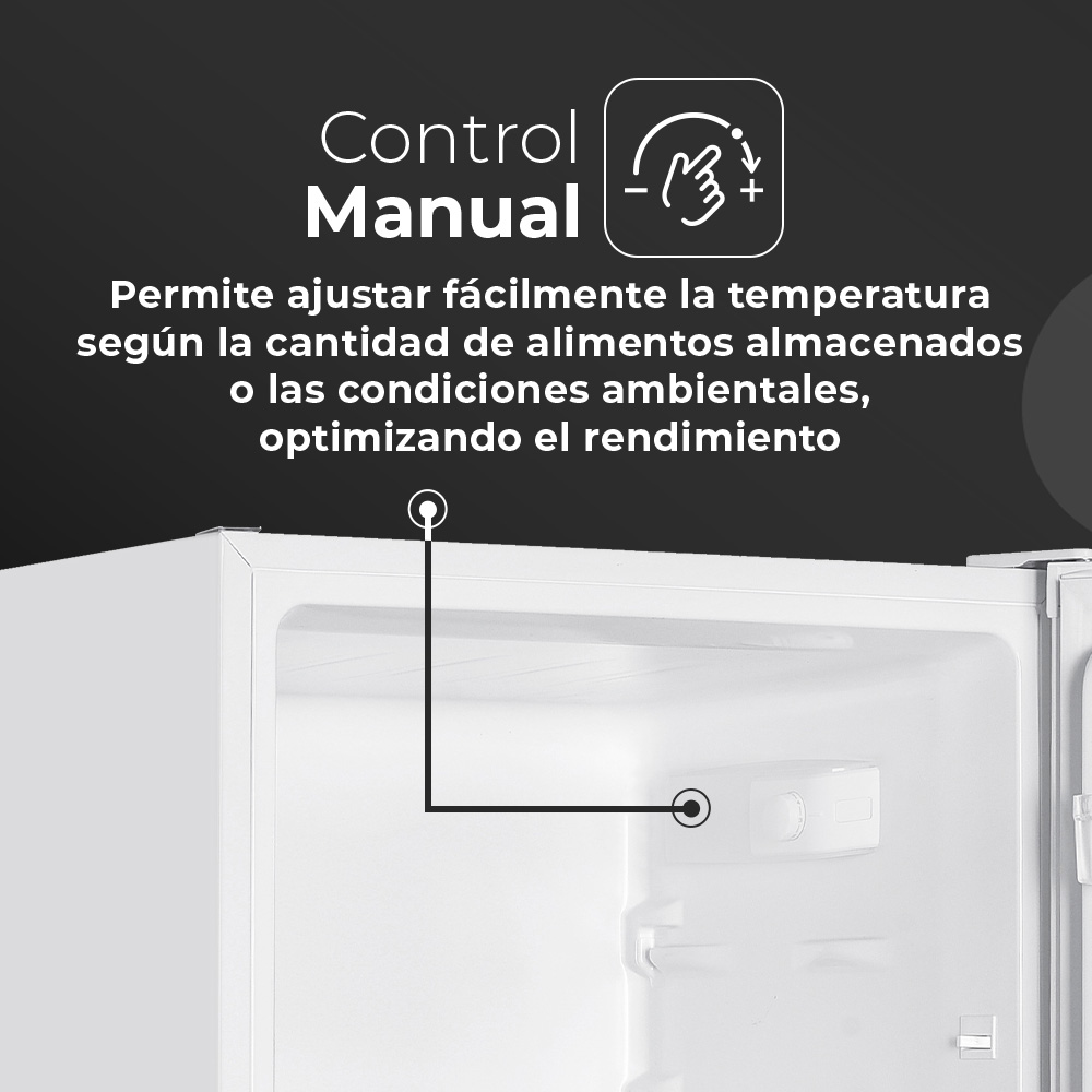 Interior blanco de nevera con panel de control manual, texto, diagrama y línea que apunta a un componente interno.