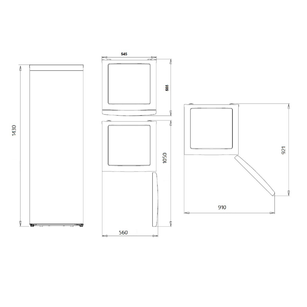 Dibujo técnico de electrodomésticos, mostrando dimensiones. Incluye una nevera, un horno y un tercer aparato con medidas.