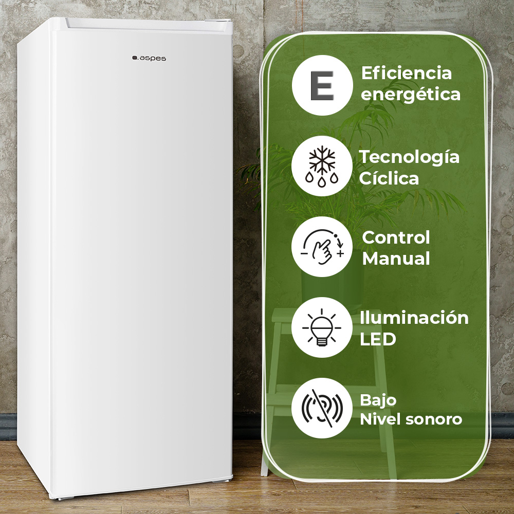 Un frigorífico Aspes blanco. A la derecha, una infografía verde muestra eficiencia energética, tecnología cíclica, control manual, iluminación LED y bajo nivel de ruido.