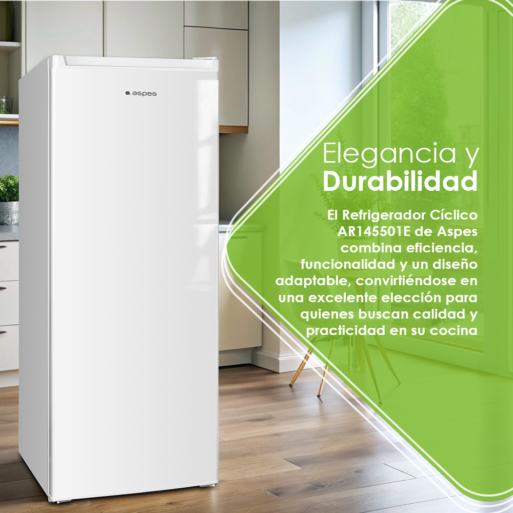 Un refrigerador blanco Aspes en una cocina. El texto superpuesto dice 'Elegancia y Durabilidad' con detalles del producto.