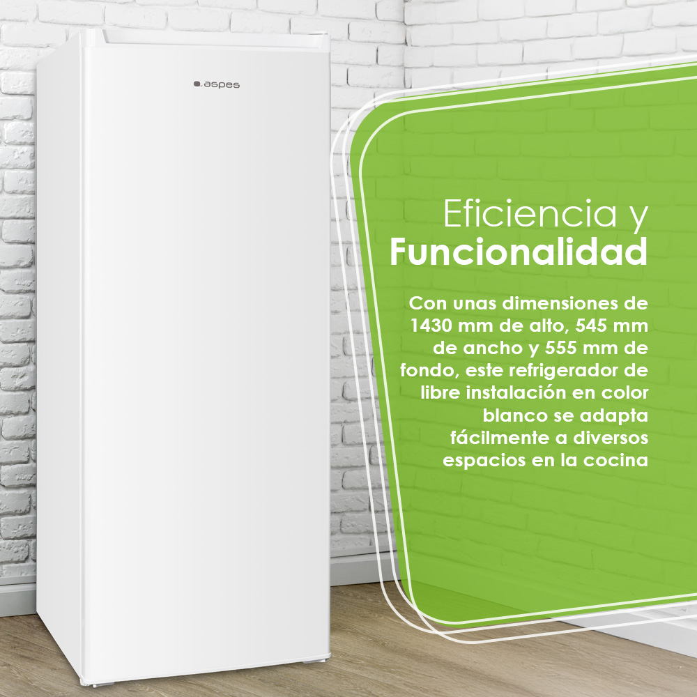 Un refrigerador blanco se encuentra a la izquierda contra una pared de ladrillo. Un rectángulo verde con texto está a la derecha.