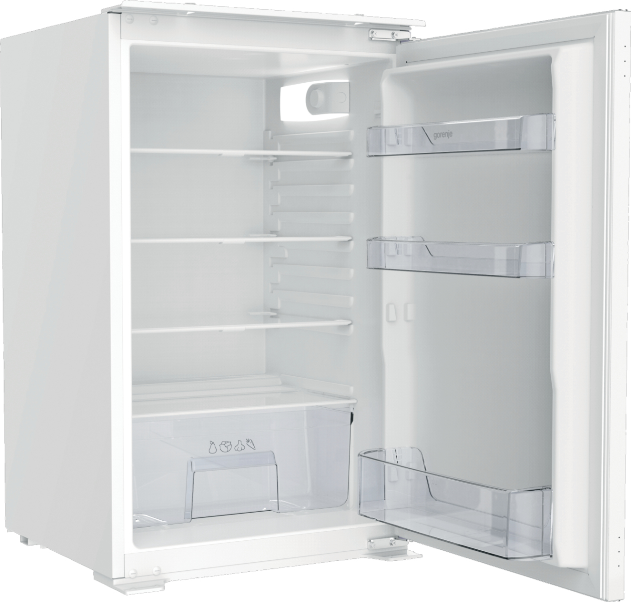 Un frigorifero bianco con la porta aperta. All'interno ci sono ripiani e contenitori di plastica trasparente.