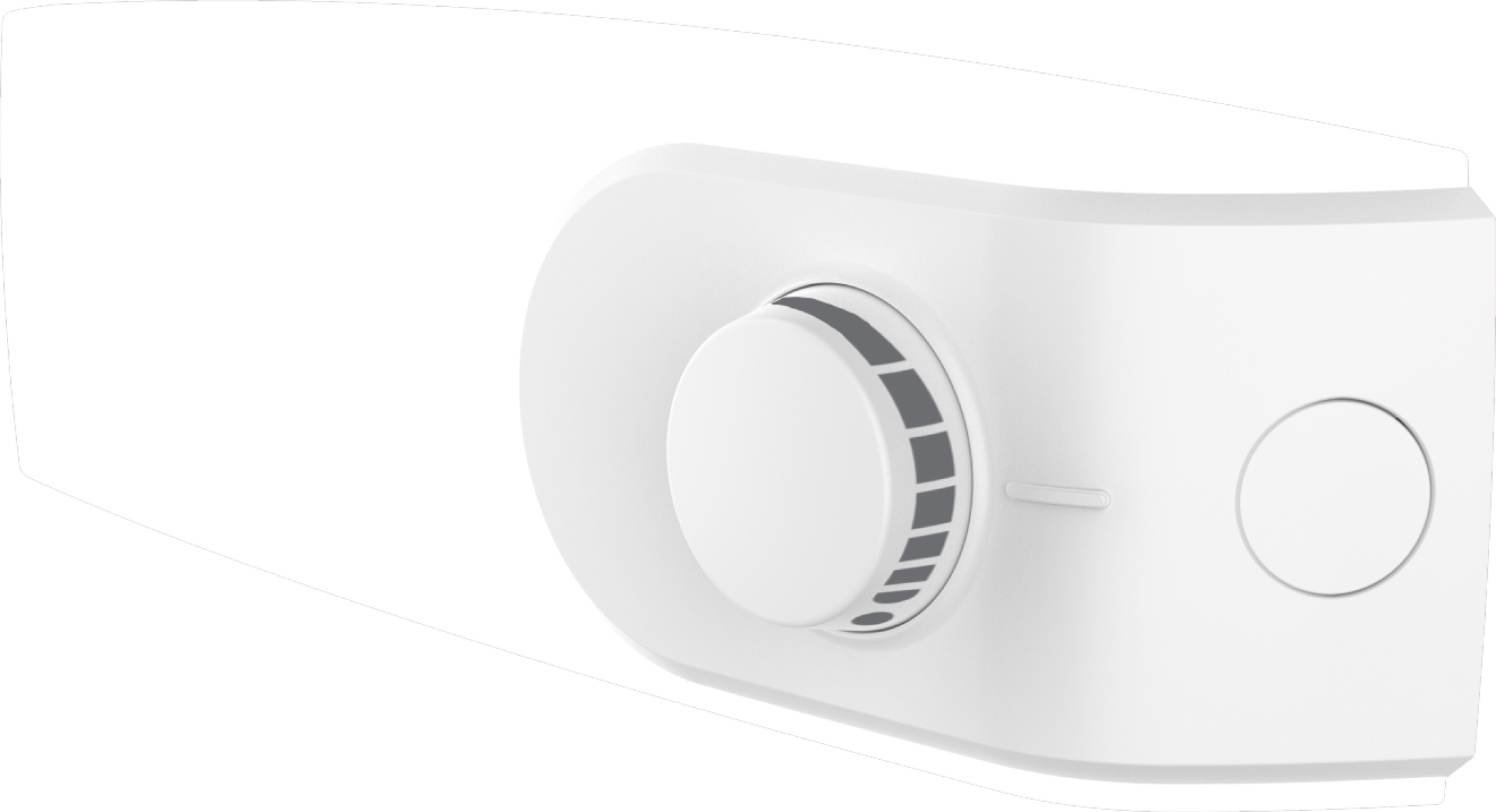 Un dispositivo bianco e arrotondato con un quadrante centrale e un pulsante circolare sul lato. Il quadrante ha segni grigi.
