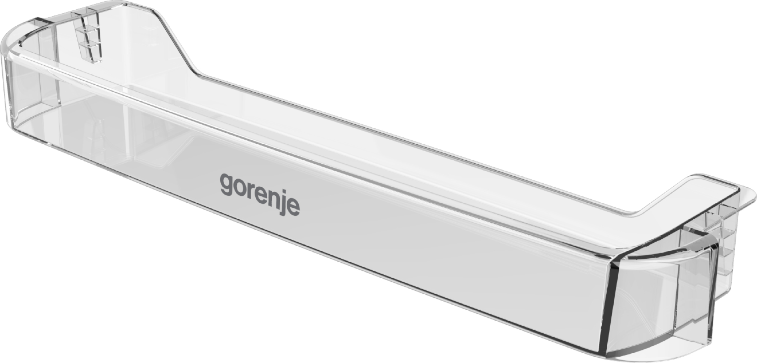 Un ripiano trasparente per frigorifero in plastica con la scritta 'gorenje'.