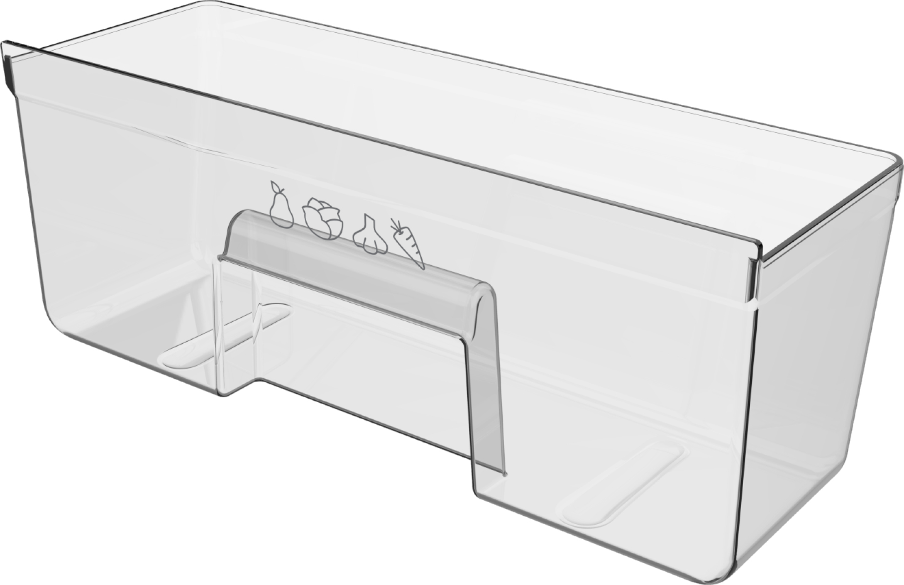 Un cassetto trasparente per frigorifero in plastica. Ha una maniglia e icone di frutta e verdura. È vuoto e si trova su una superficie bianca.