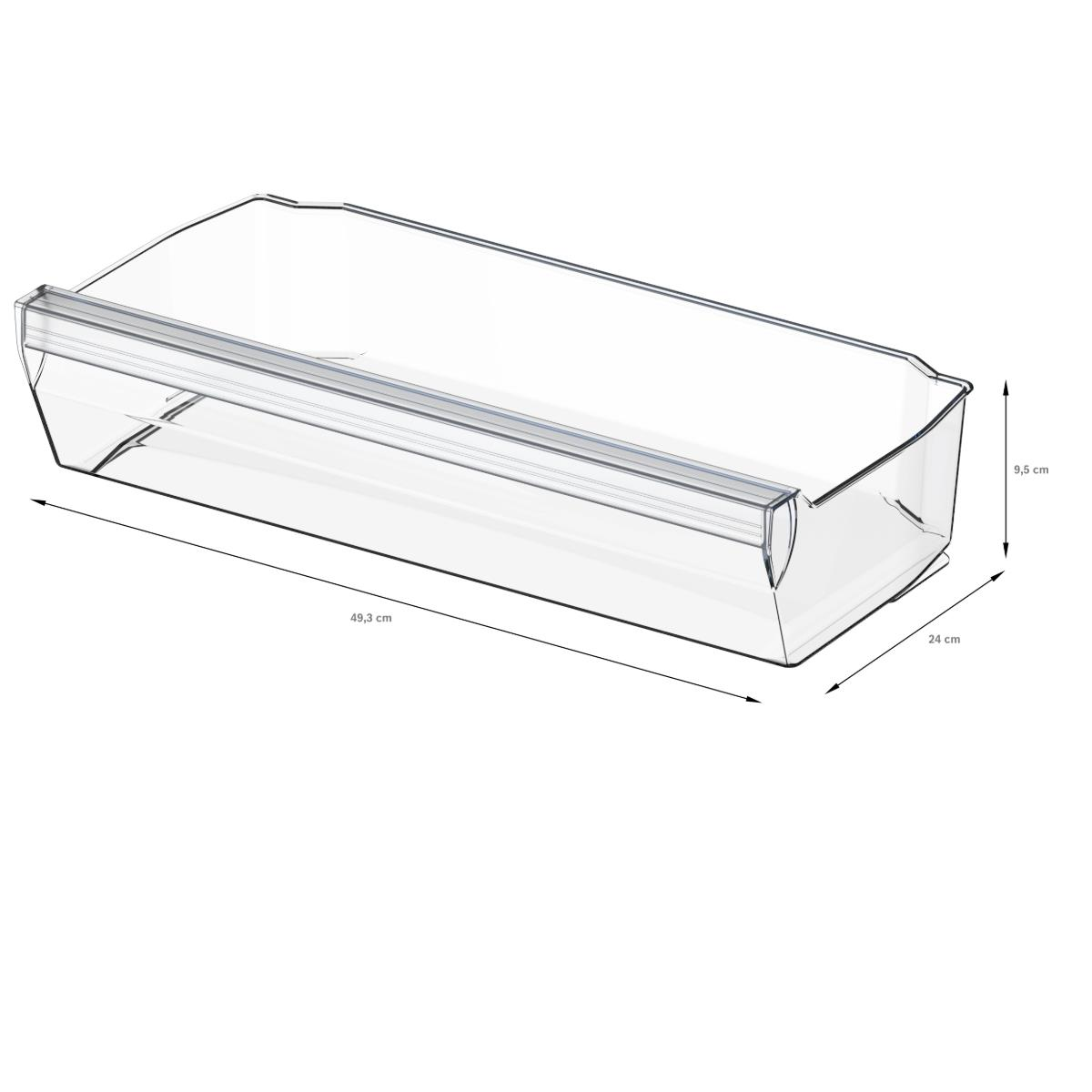 Eine transparente Kühlschublade aus Kunststoff. Abmessungen: 49,3 cm lang, 24 cm breit, 9,5 cm hoch.